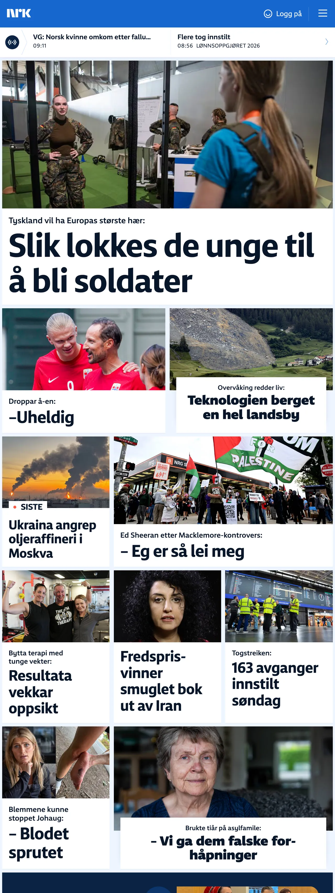 Screenshot of the NRK front page