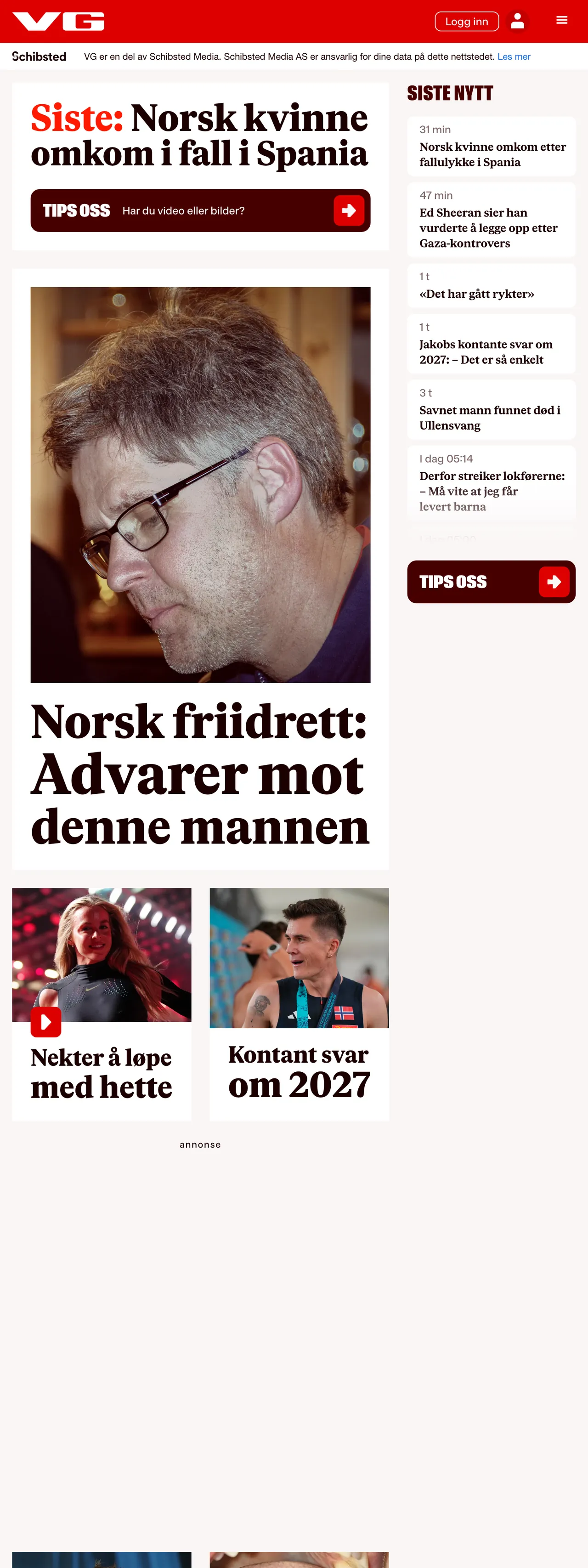 Screenshot of the VG front page