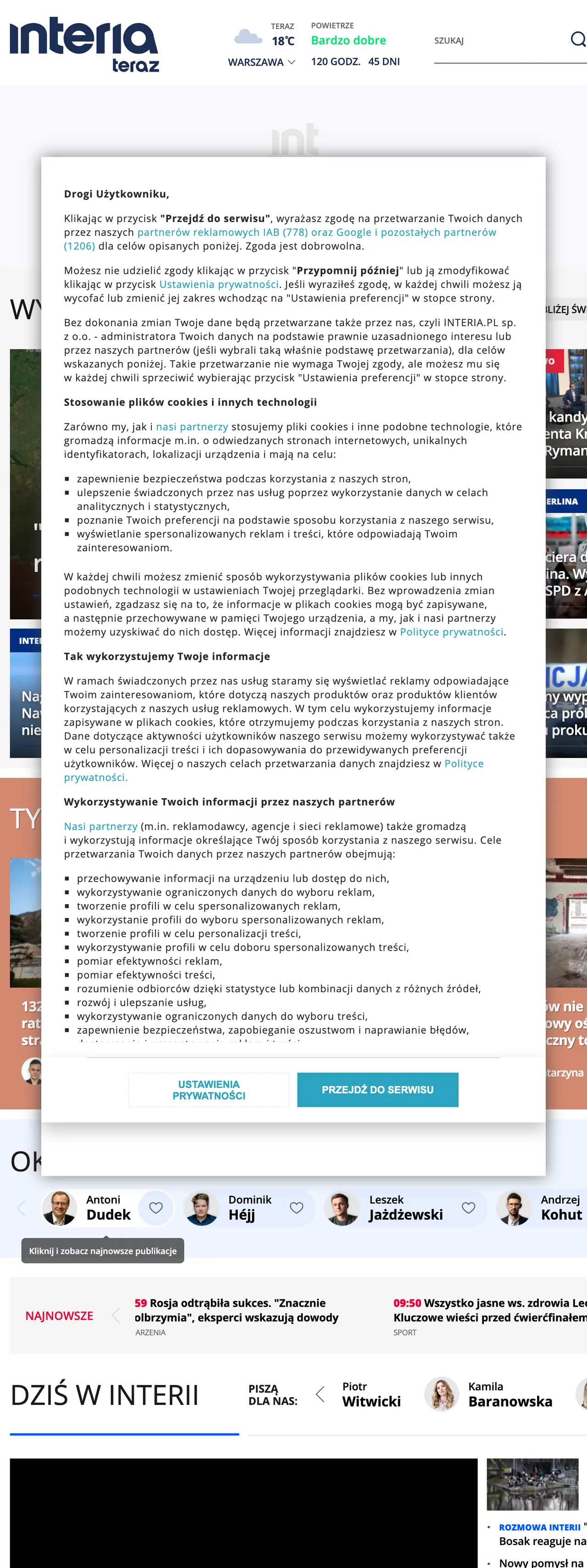 Screenshot of the Interia front page