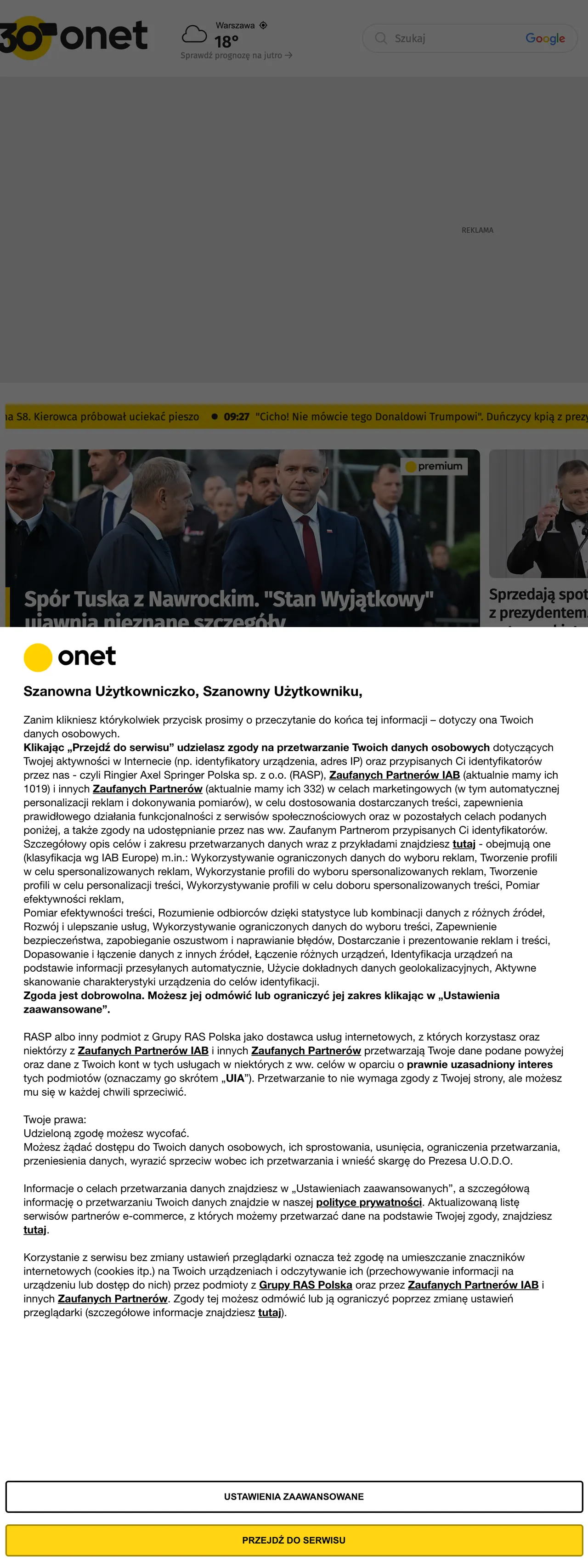 Screenshot of the Onet front page
