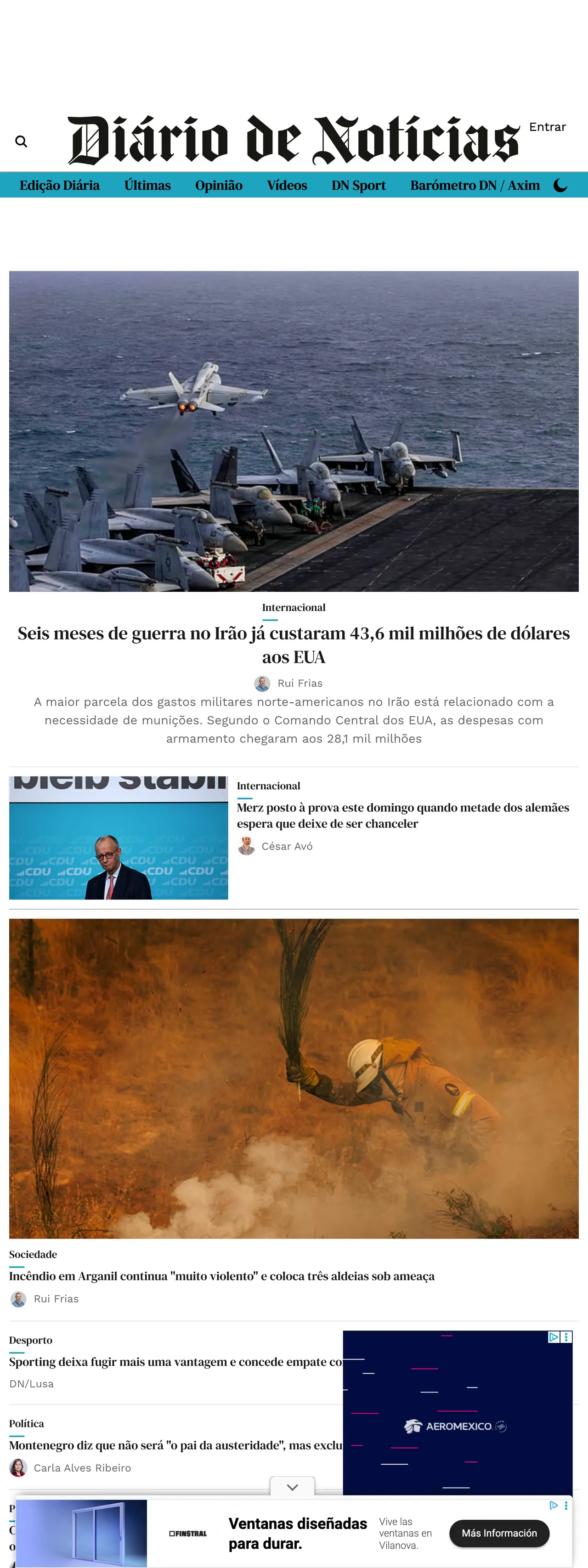 Screenshot of the Diário de Notícias front page