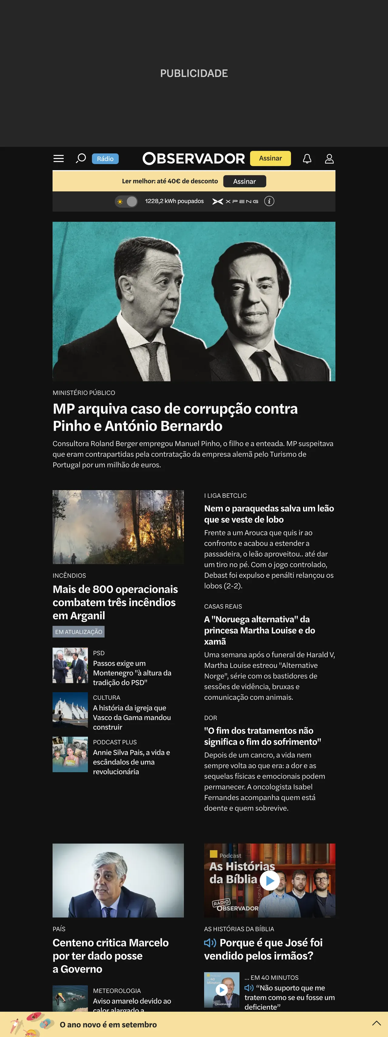 Screenshot of the Observador front page