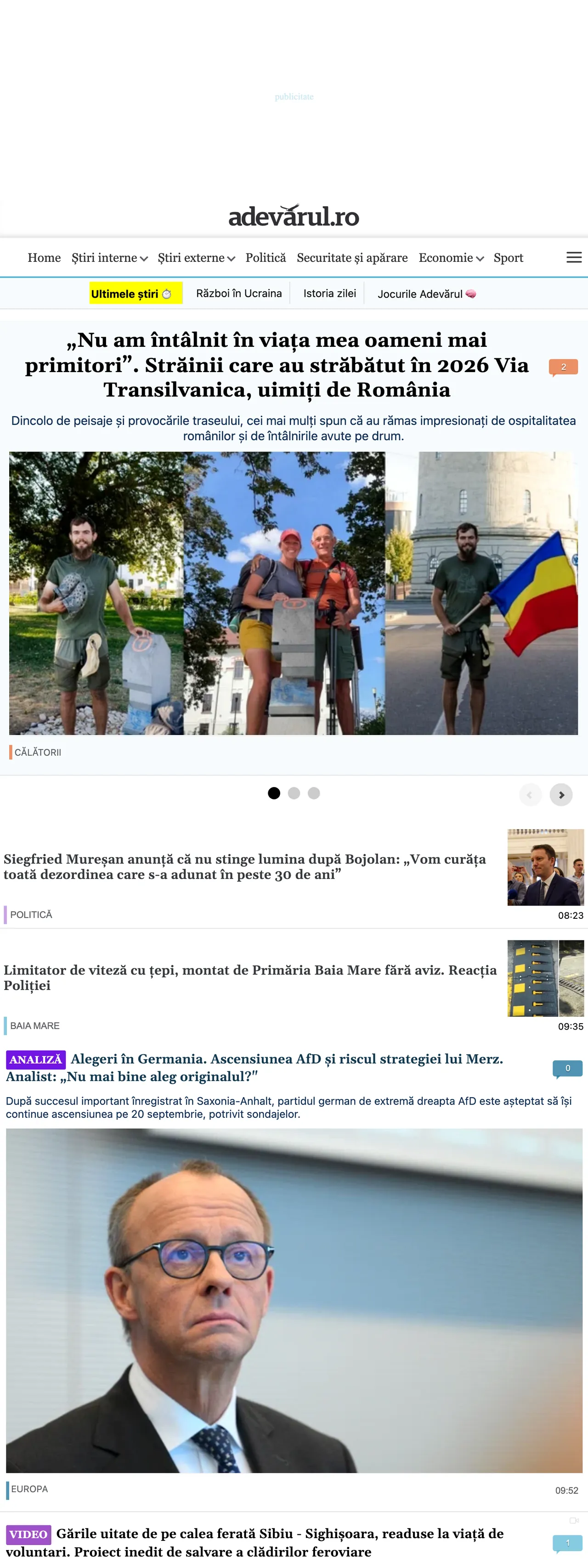 Screenshot of the Adevărul front page