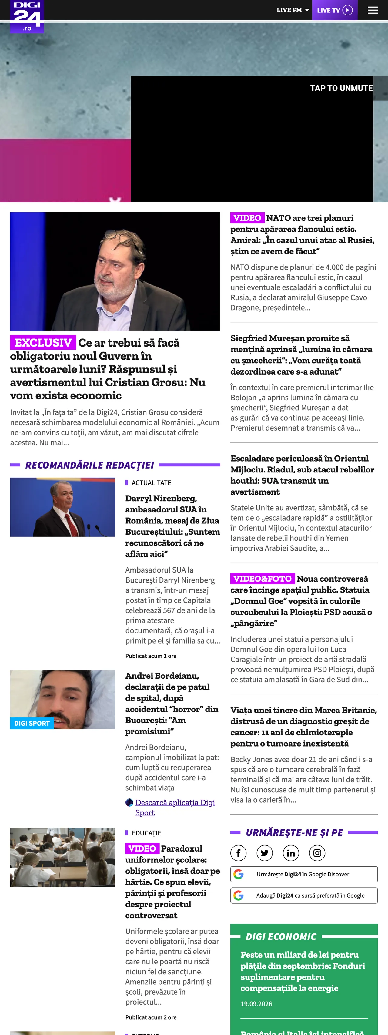 Screenshot of the Digi24 front page
