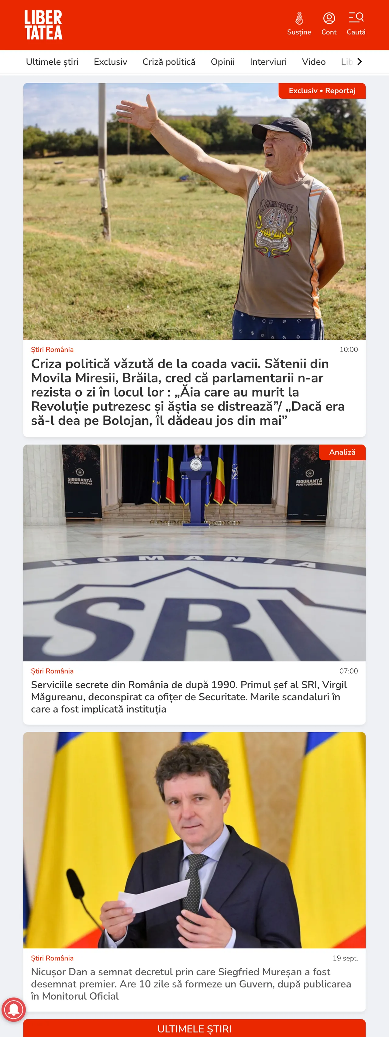 Screenshot of the Libertatea front page