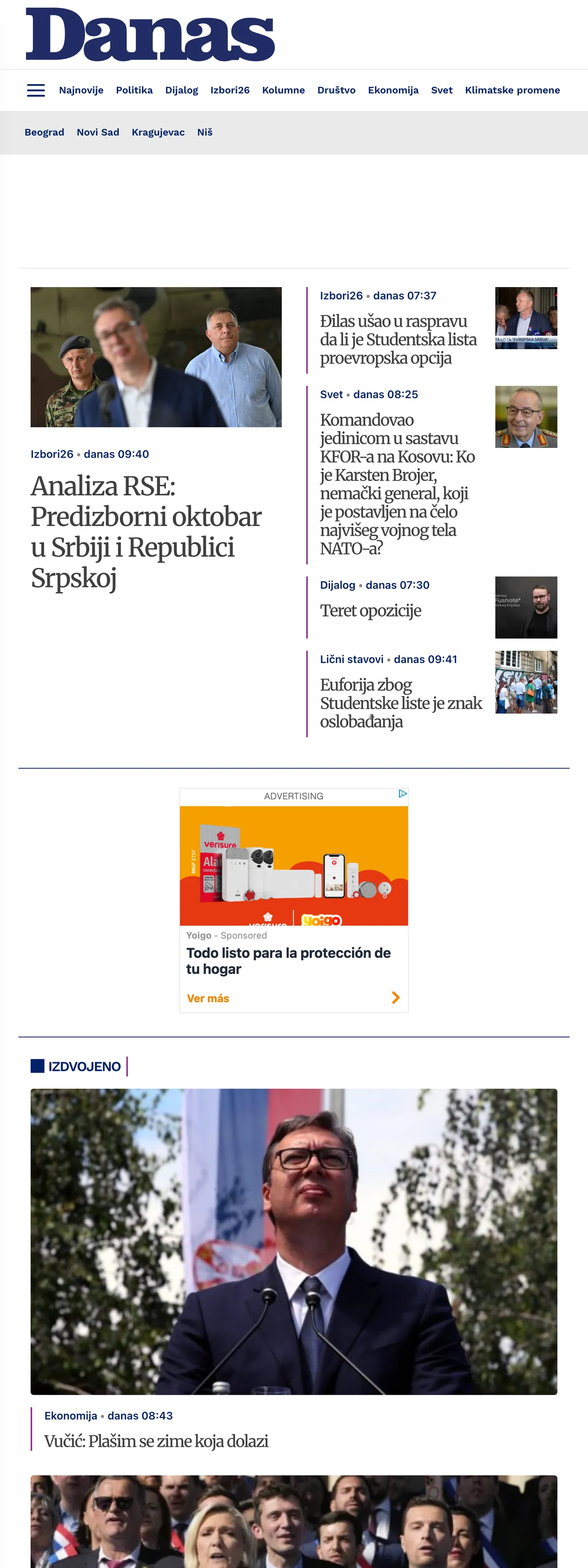Screenshot of the Danas front page