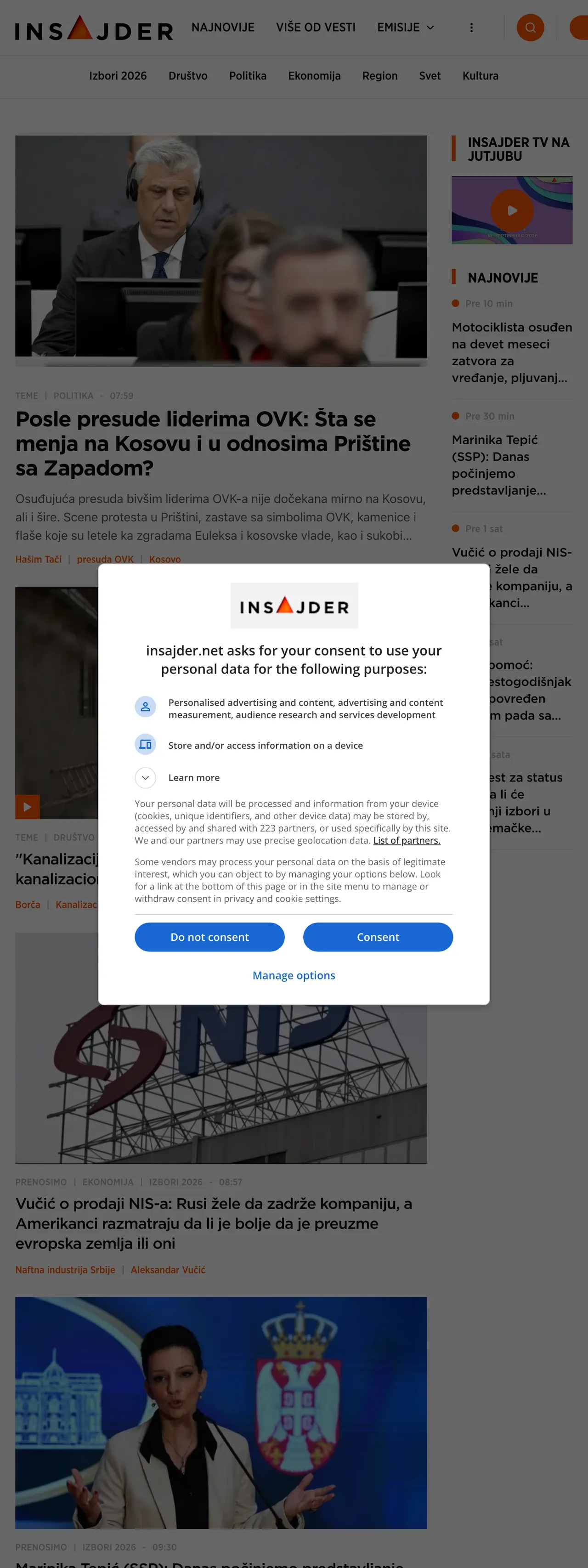 Screenshot of the Insajder front page
