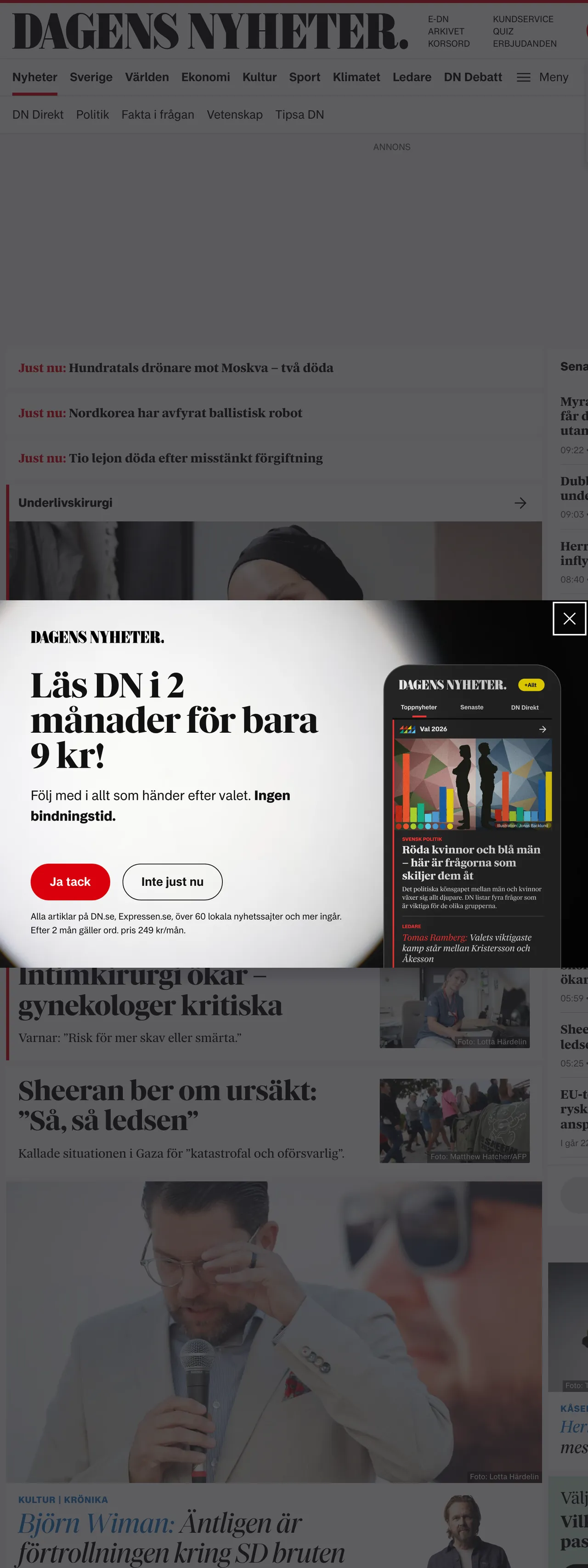 Screenshot of the Dagens Nyheter front page