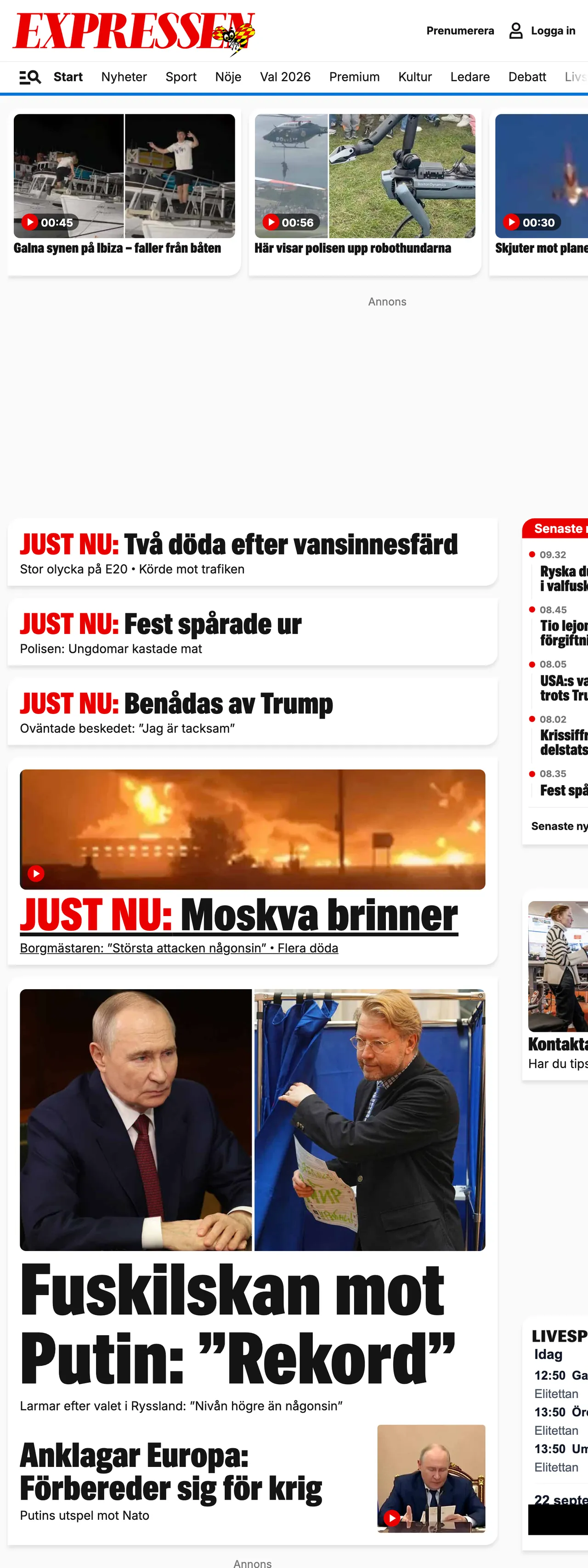 Screenshot of the Expressen front page