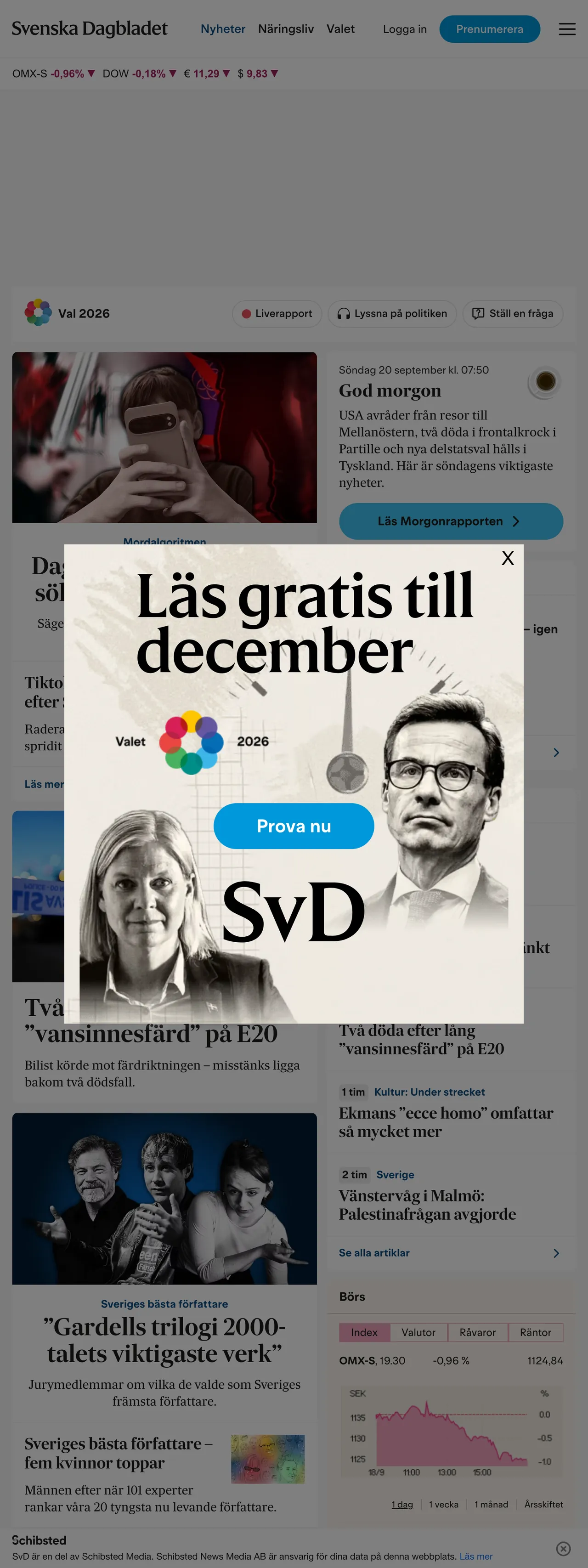 Screenshot of the Svenska Dagbladet front page