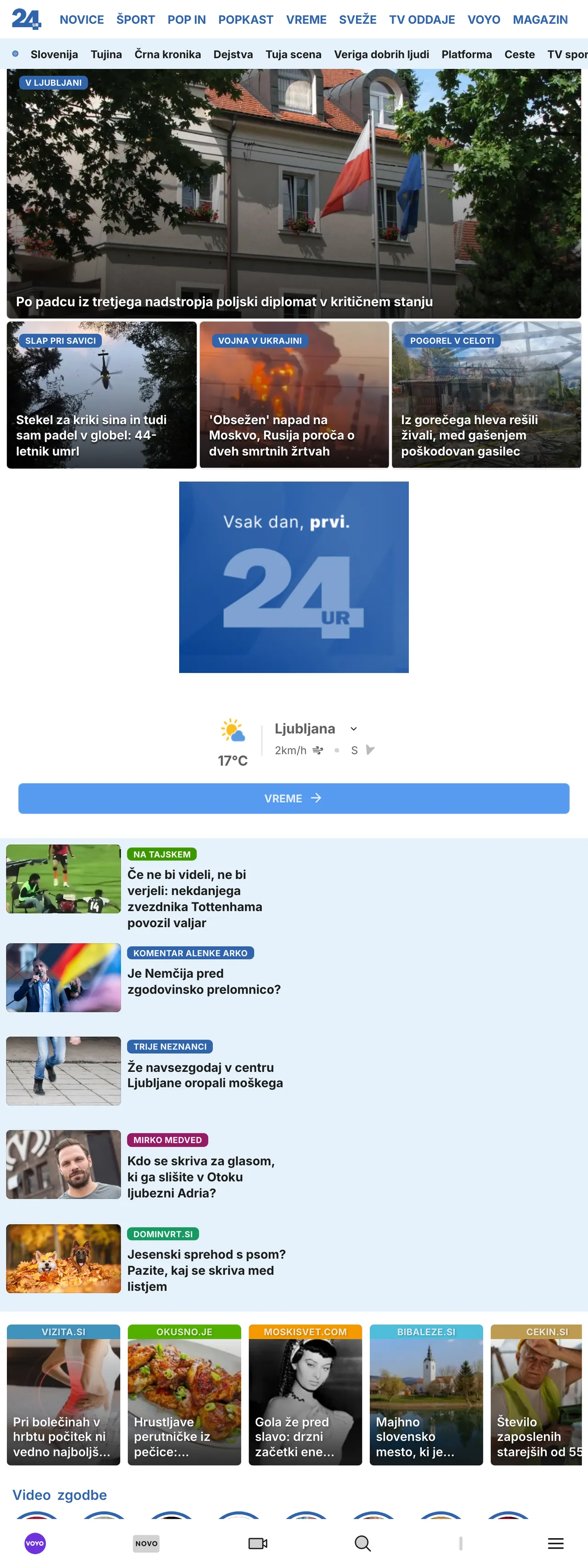 Screenshot of the 24ur front page