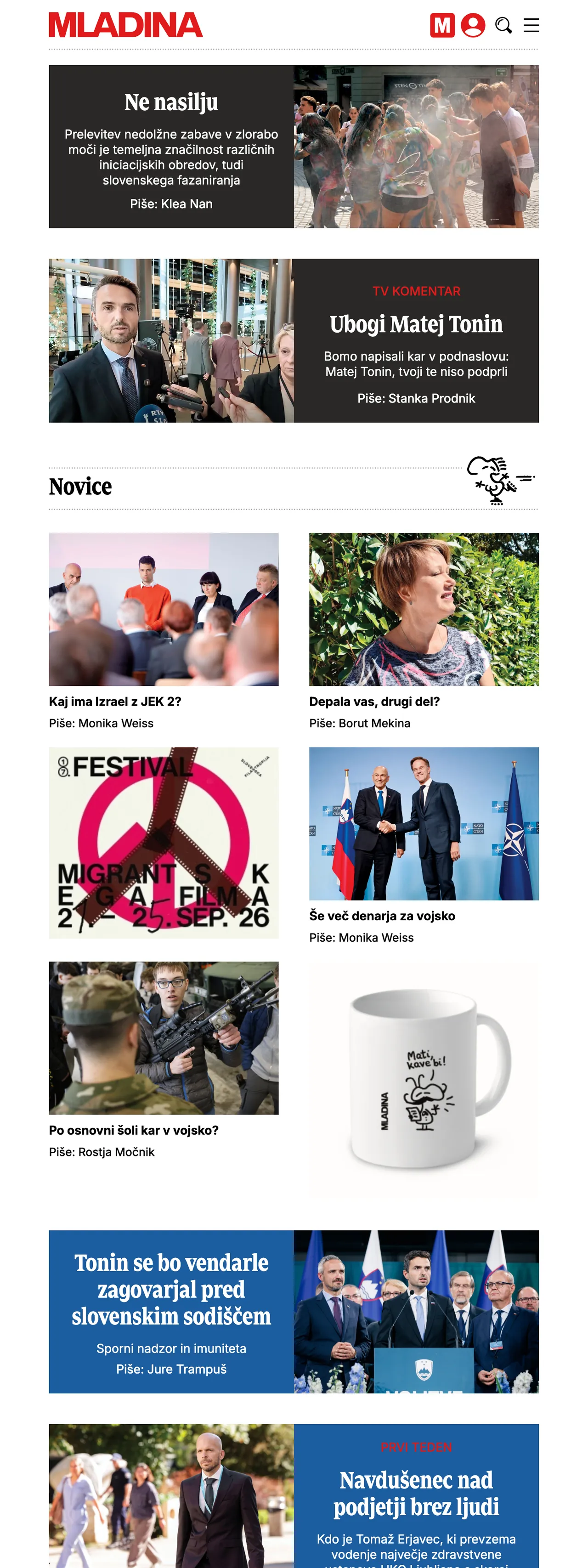 Screenshot of the Mladina front page