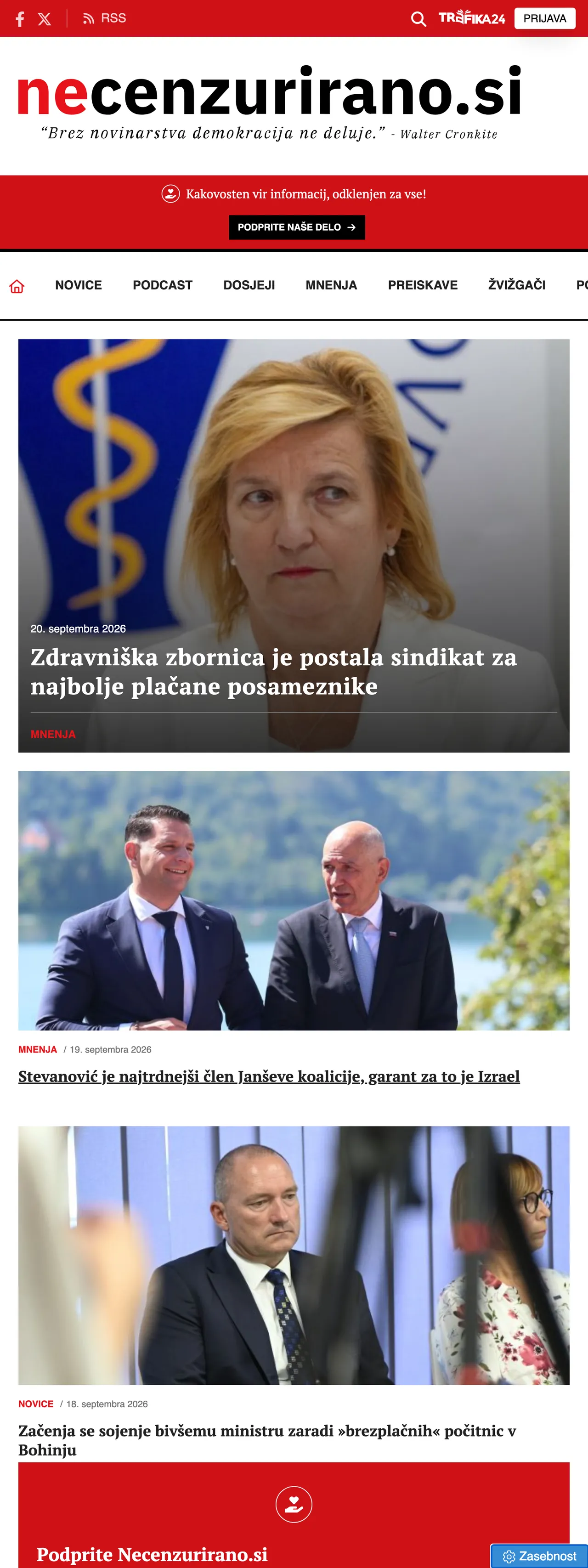 Screenshot of the Necenzurirano front page