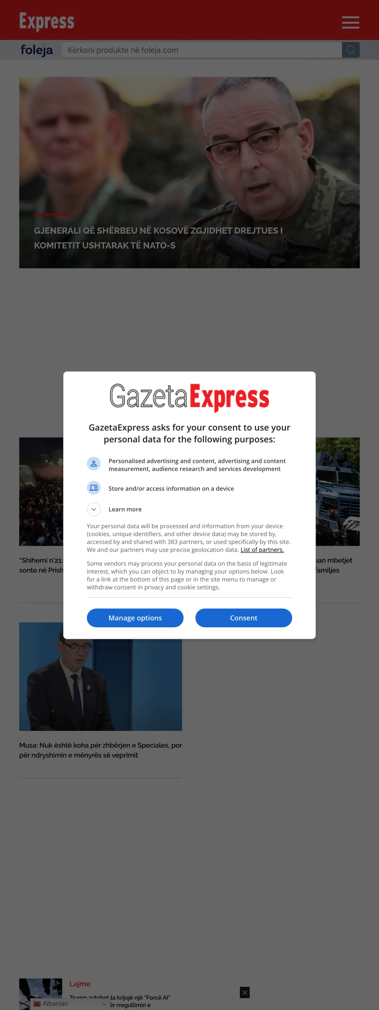 Screenshot of the Gazeta Express front page