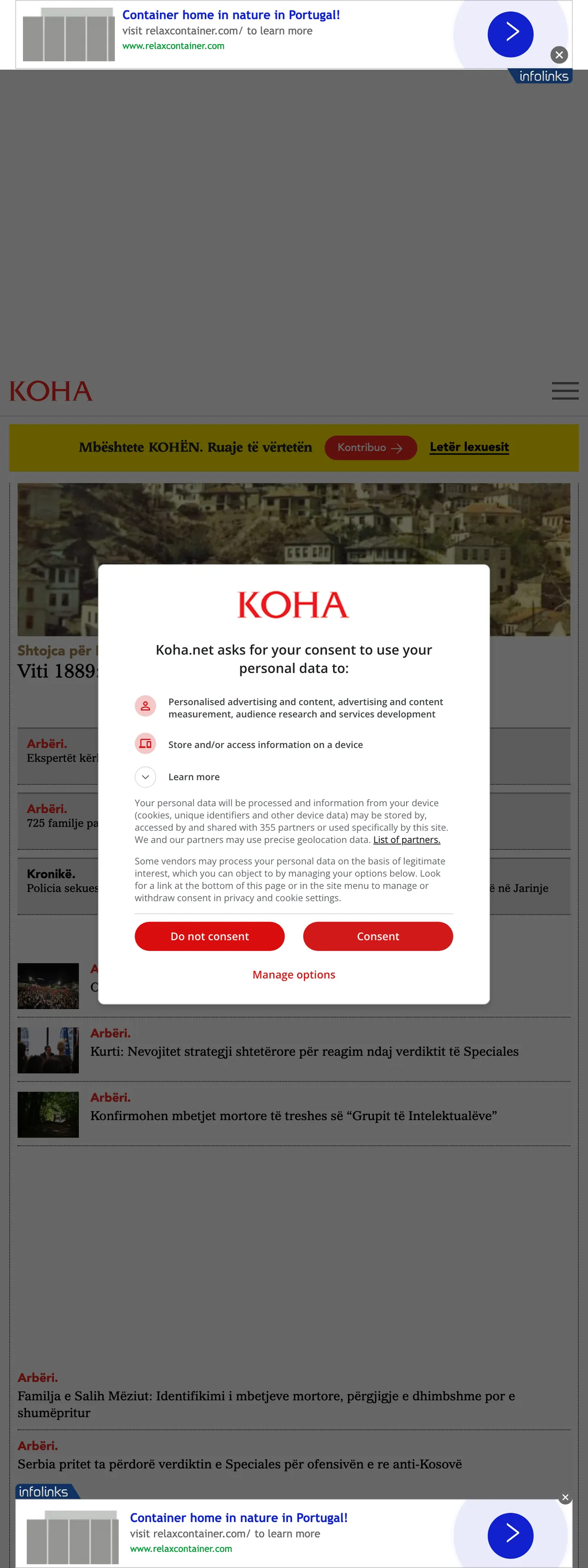 Screenshot of the Koha Ditore front page