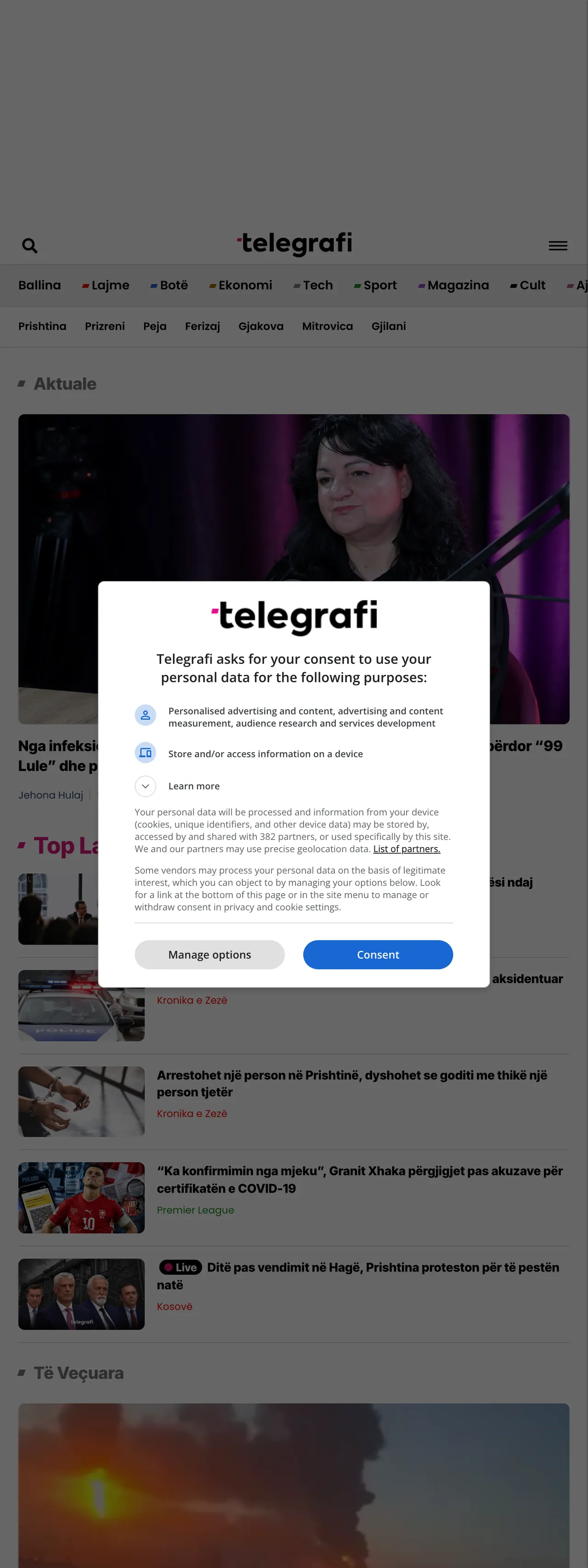 Screenshot of the Telegrafi front page