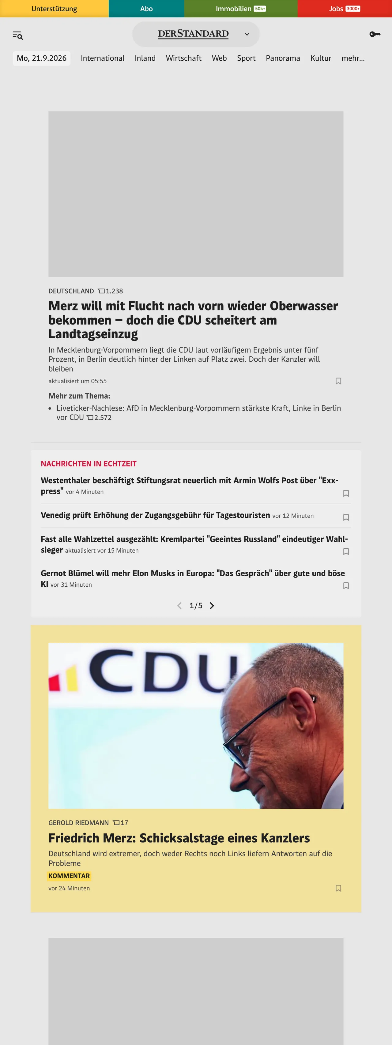 Screenshot of the DER STANDARD front page