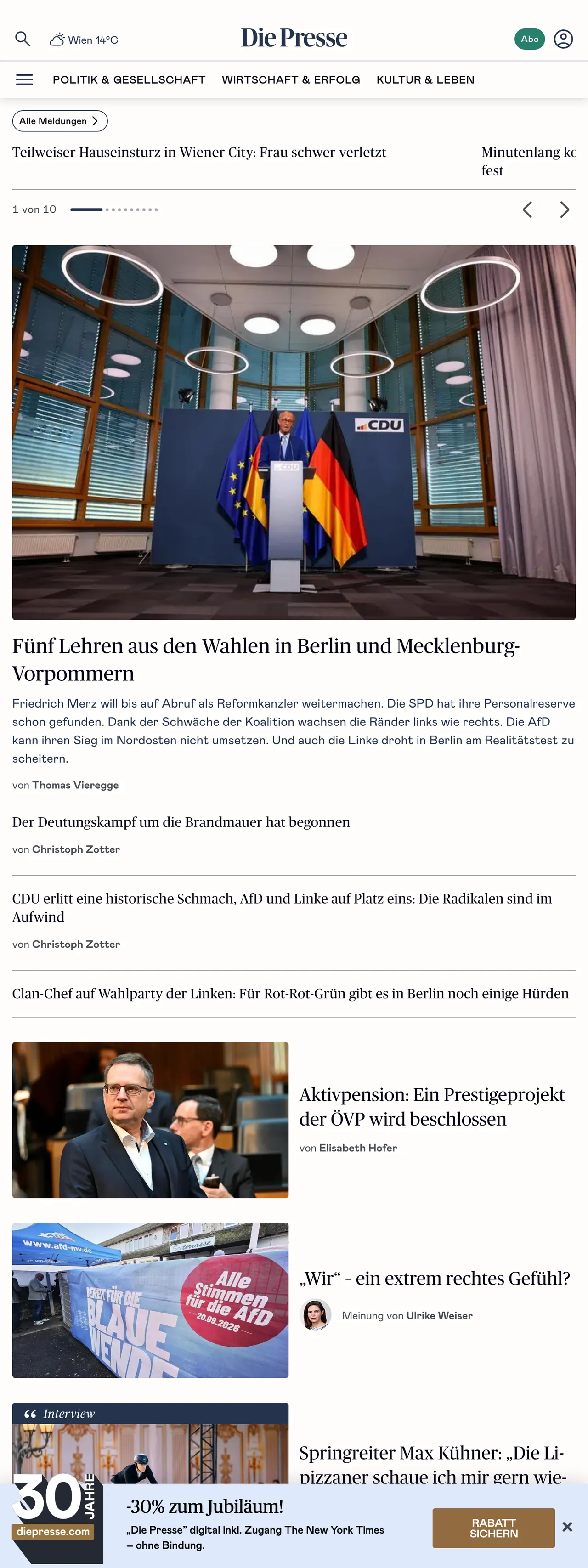 Screenshot of the Die Presse front page