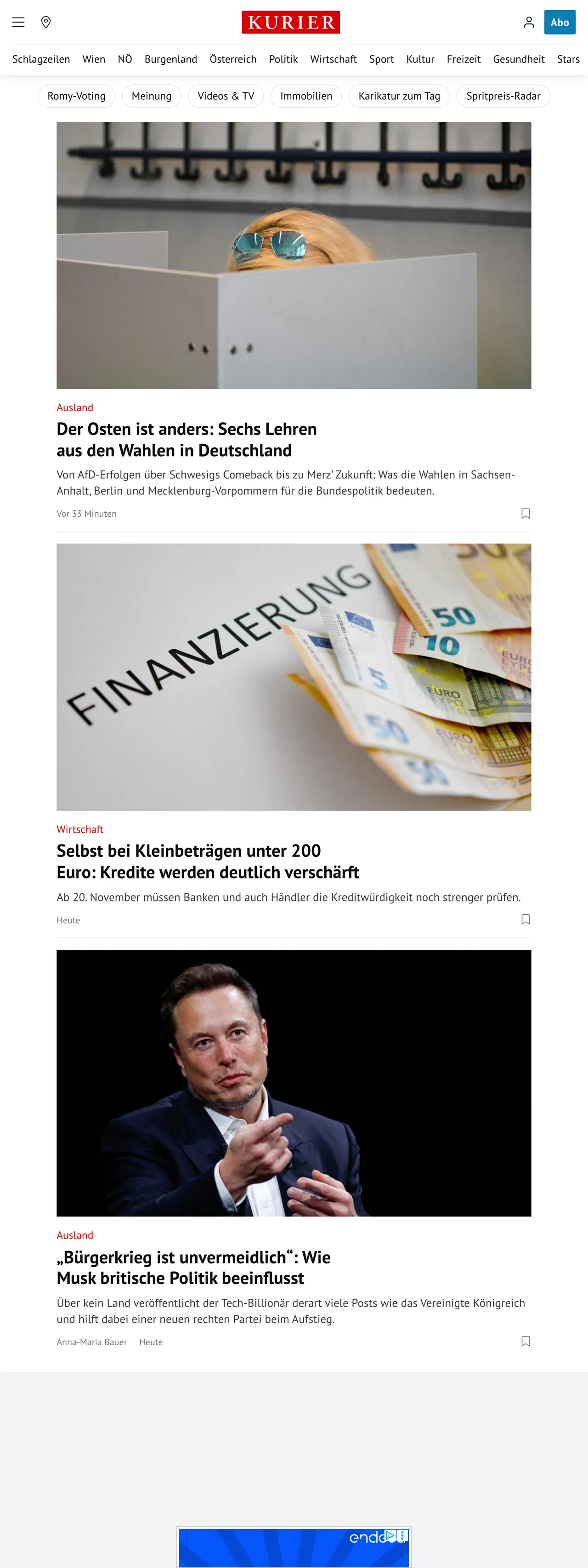 Screenshot of the Kurier front page