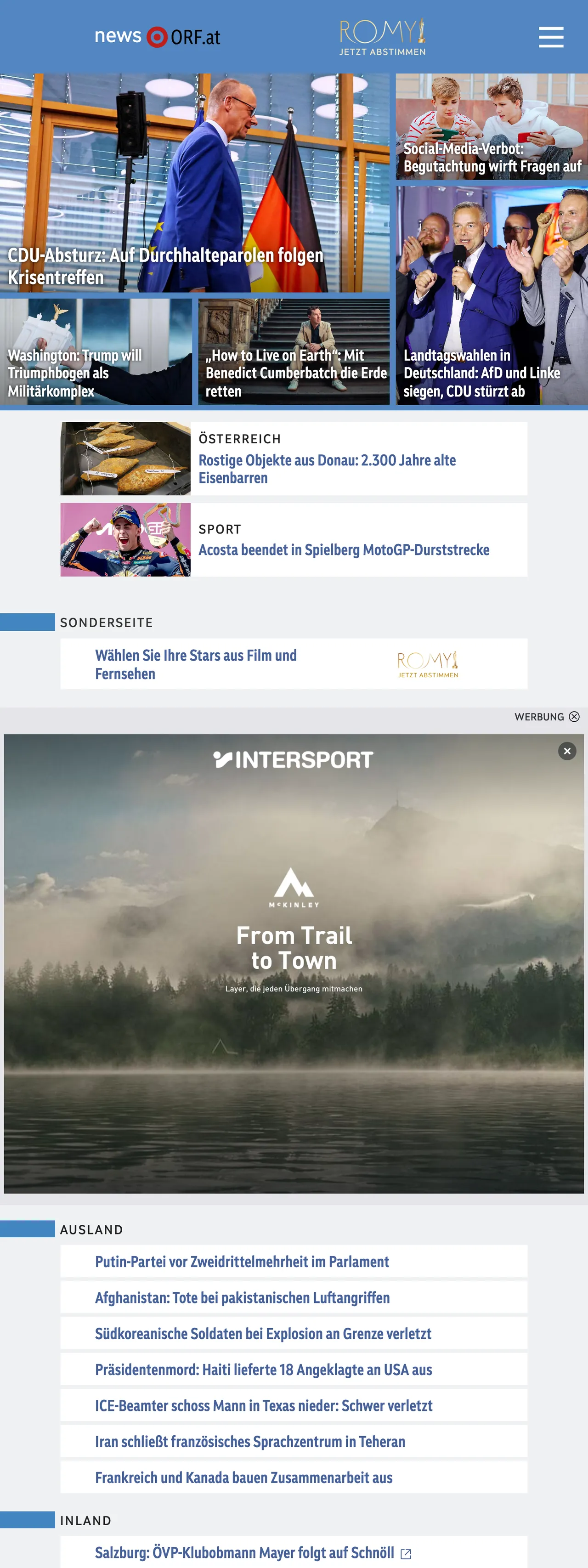 Screenshot of the ORF front page