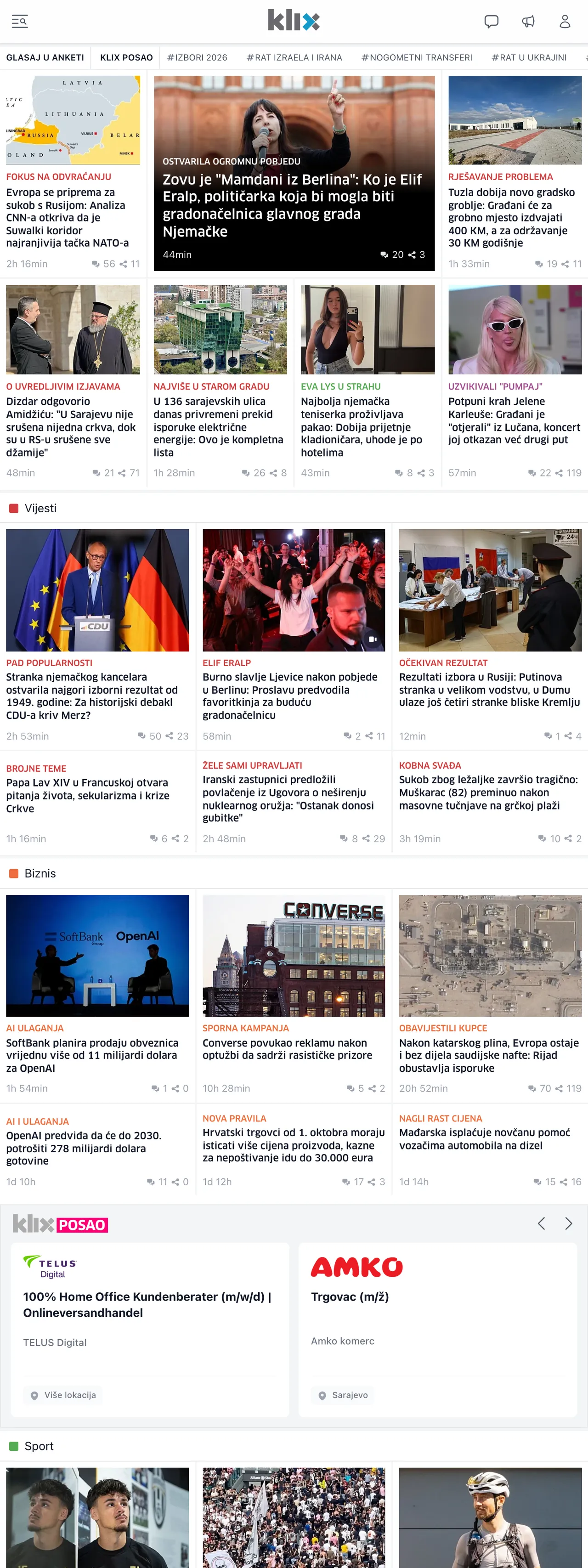 Screenshot of the Klix.ba front page