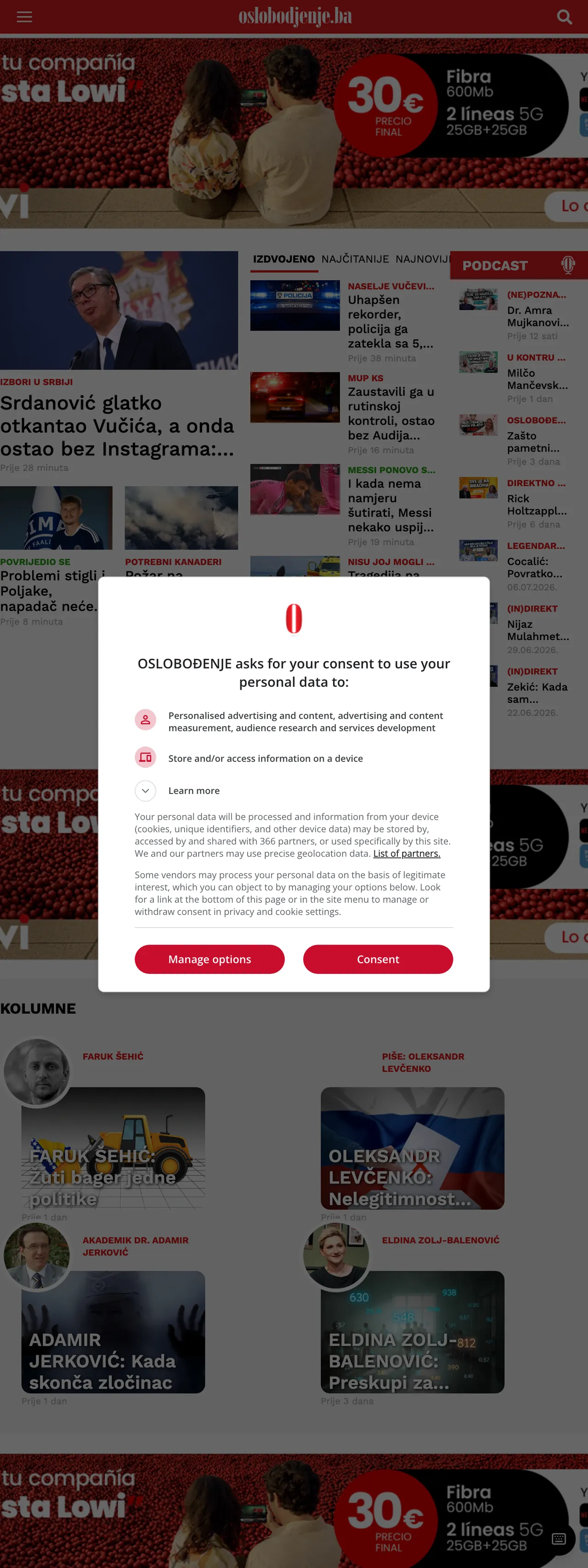 Screenshot of the Oslobođenje front page