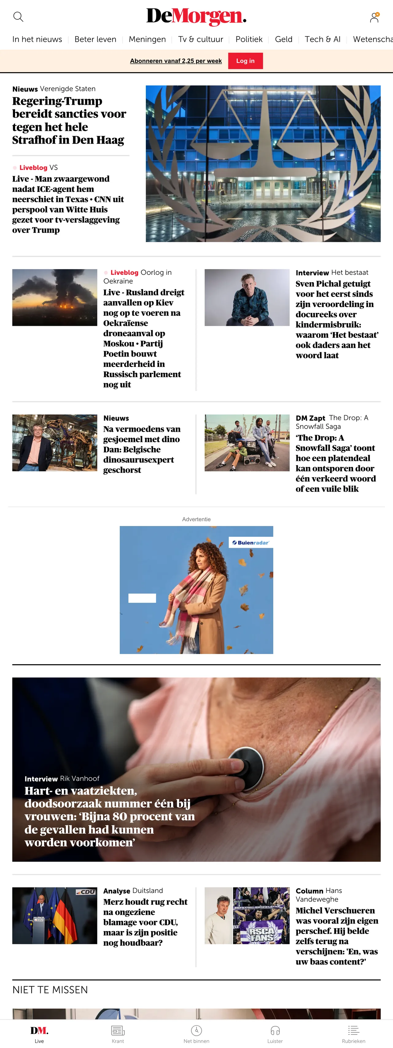 Screenshot of the De Morgen front page