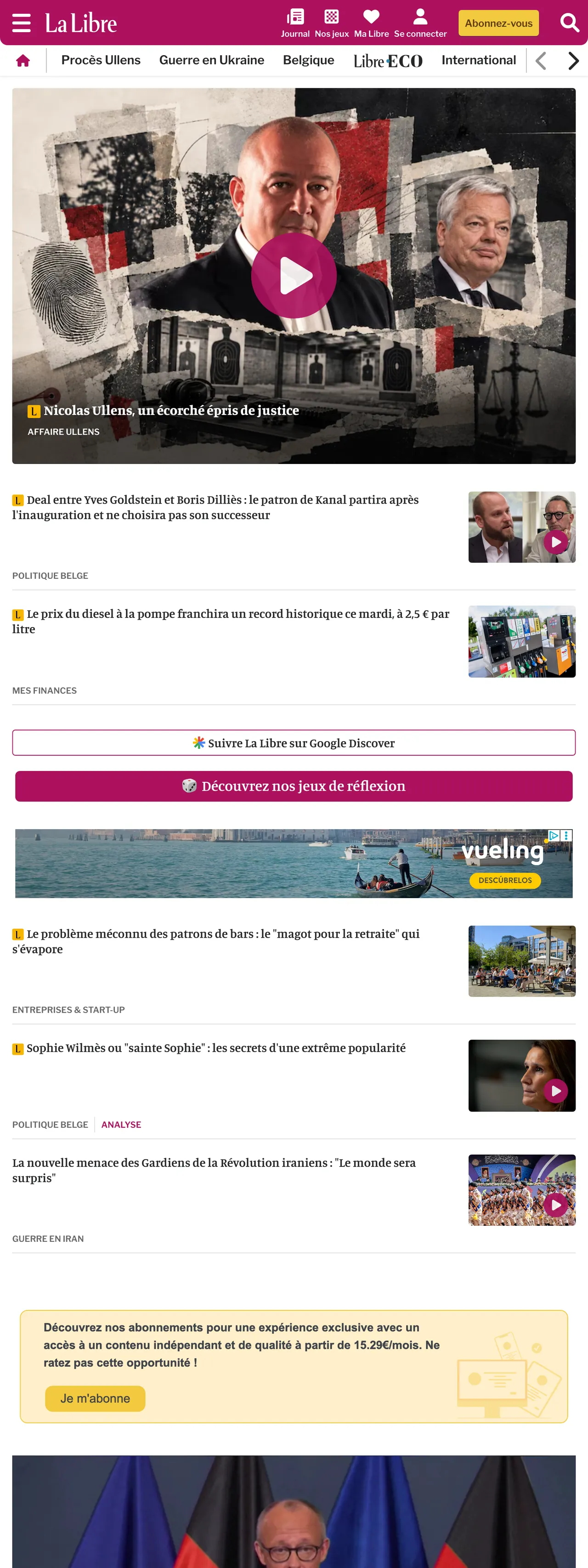 Screenshot of the La Libre front page