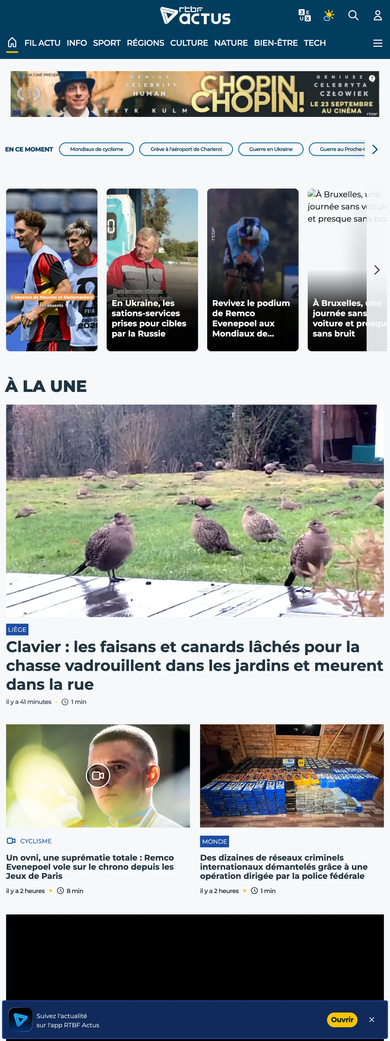 Screenshot of the RTBF front page