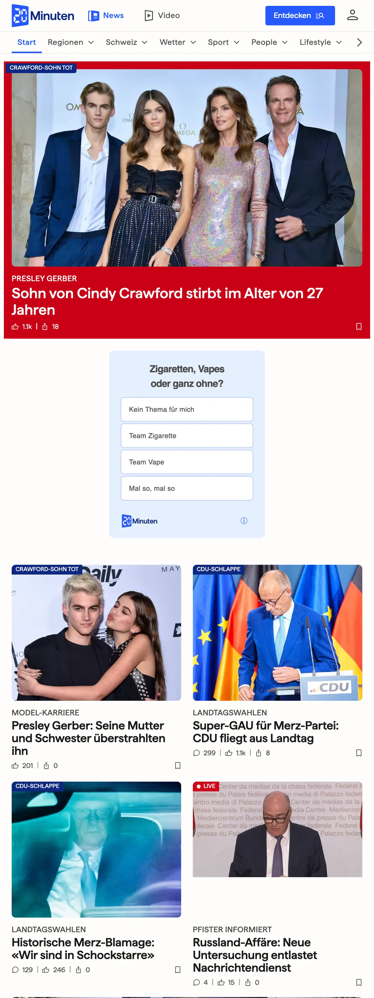 Screenshot of the 20 Minuten front page