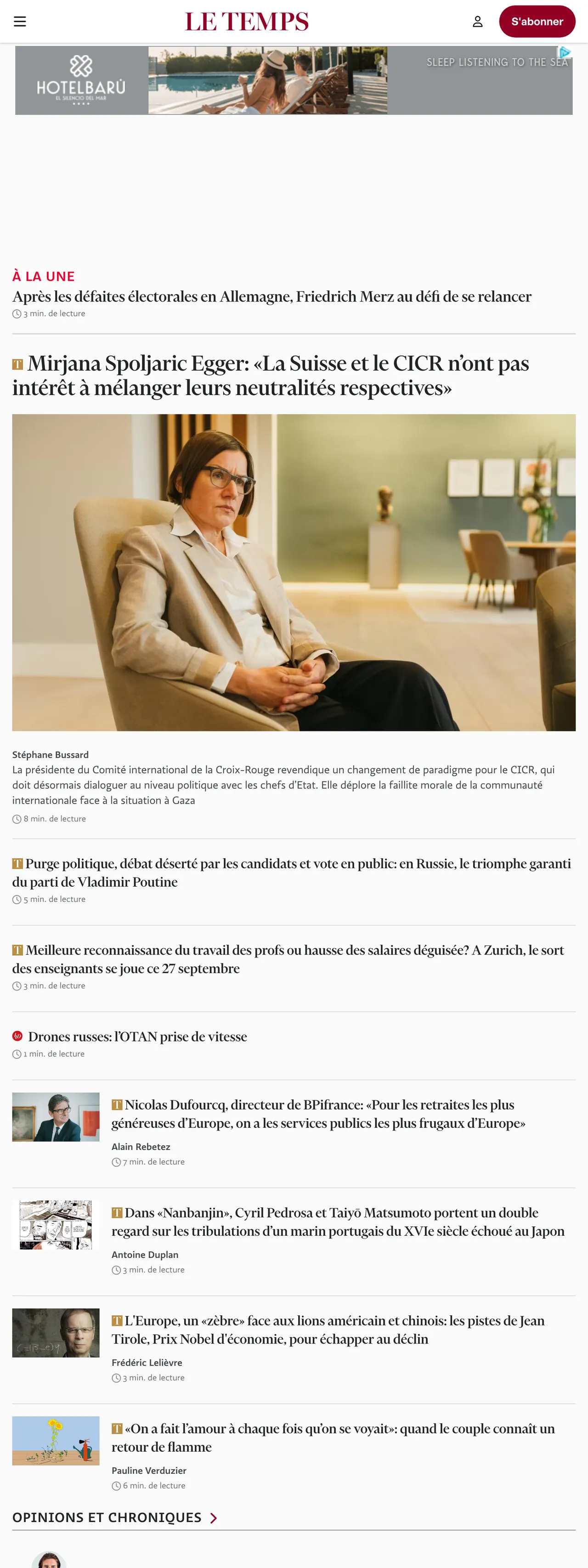 Screenshot of the Le Temps front page