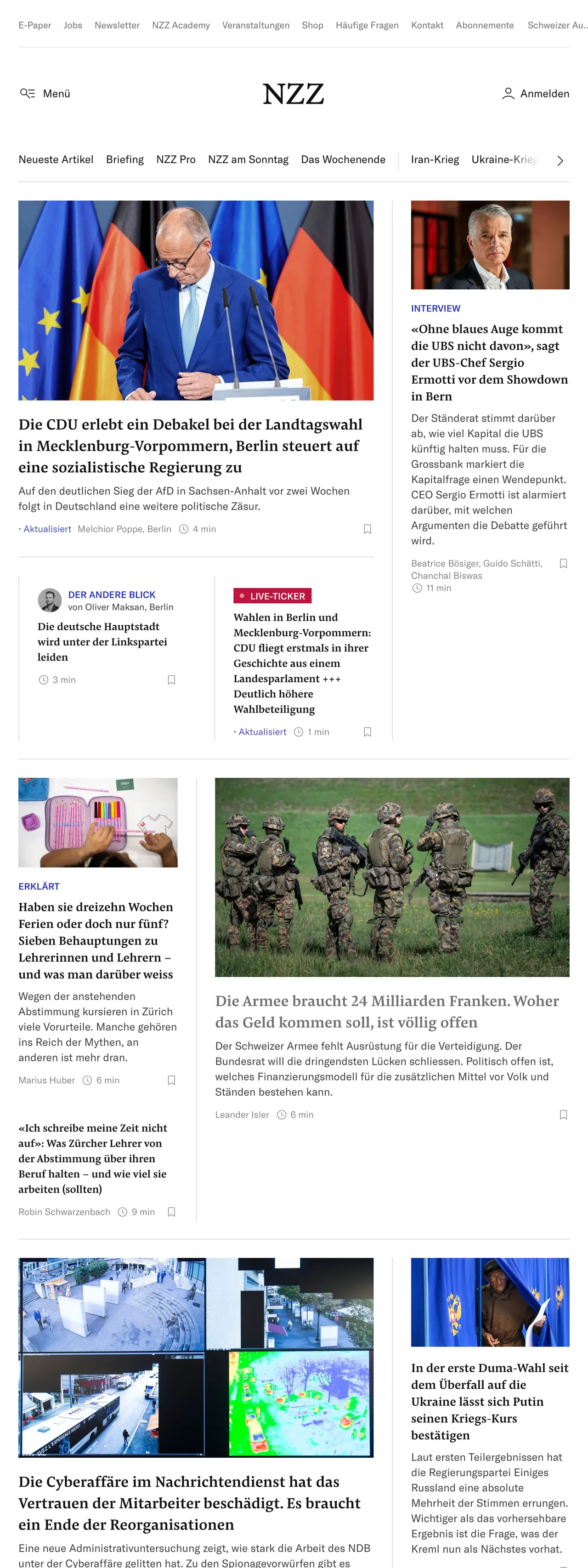 Screenshot of the Neue Zürcher Zeitung front page