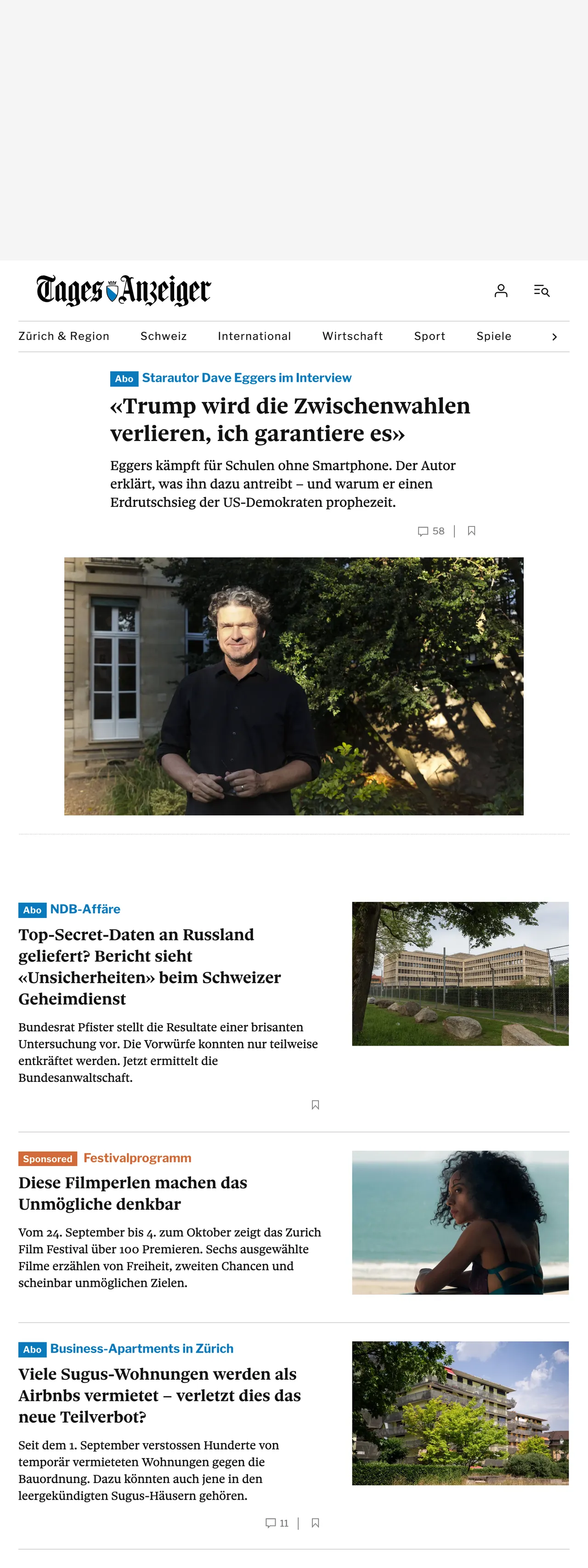 Screenshot of the Tages-Anzeiger front page