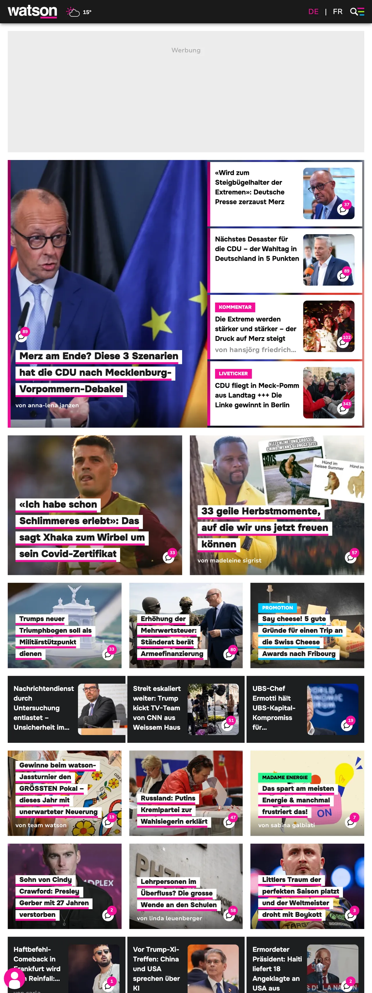 Screenshot of the watson front page