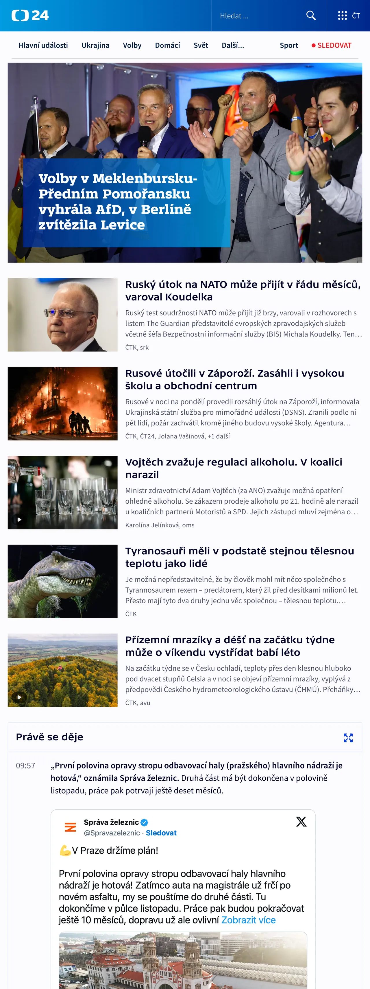Screenshot of the ČT24 front page