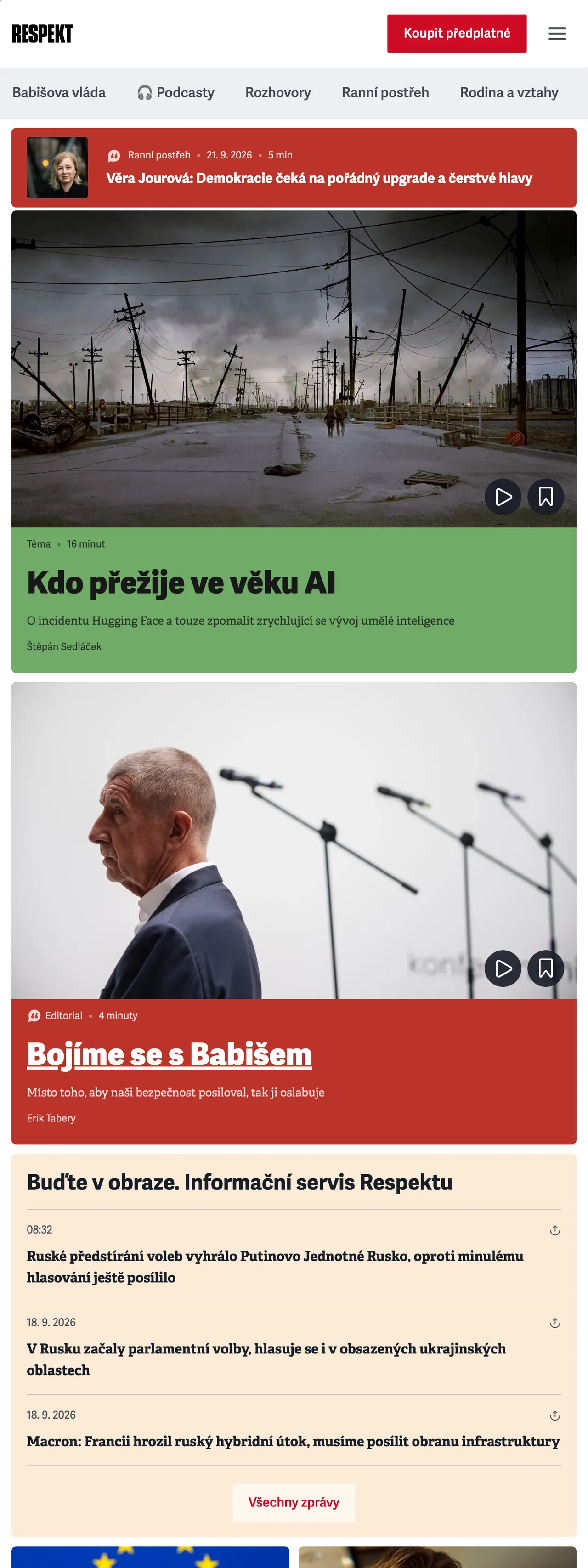 Screenshot of the Respekt front page