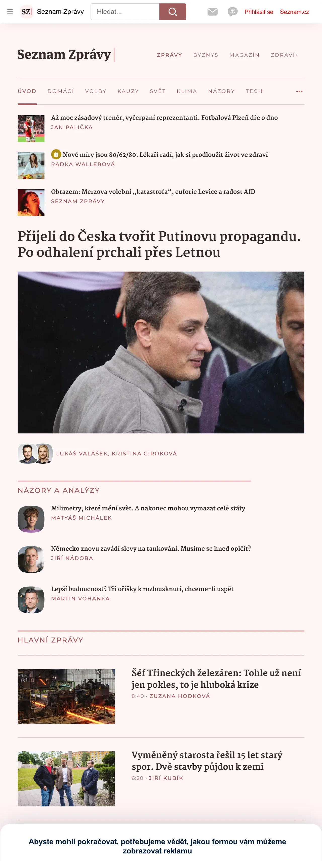 Screenshot of the Seznam Zprávy front page