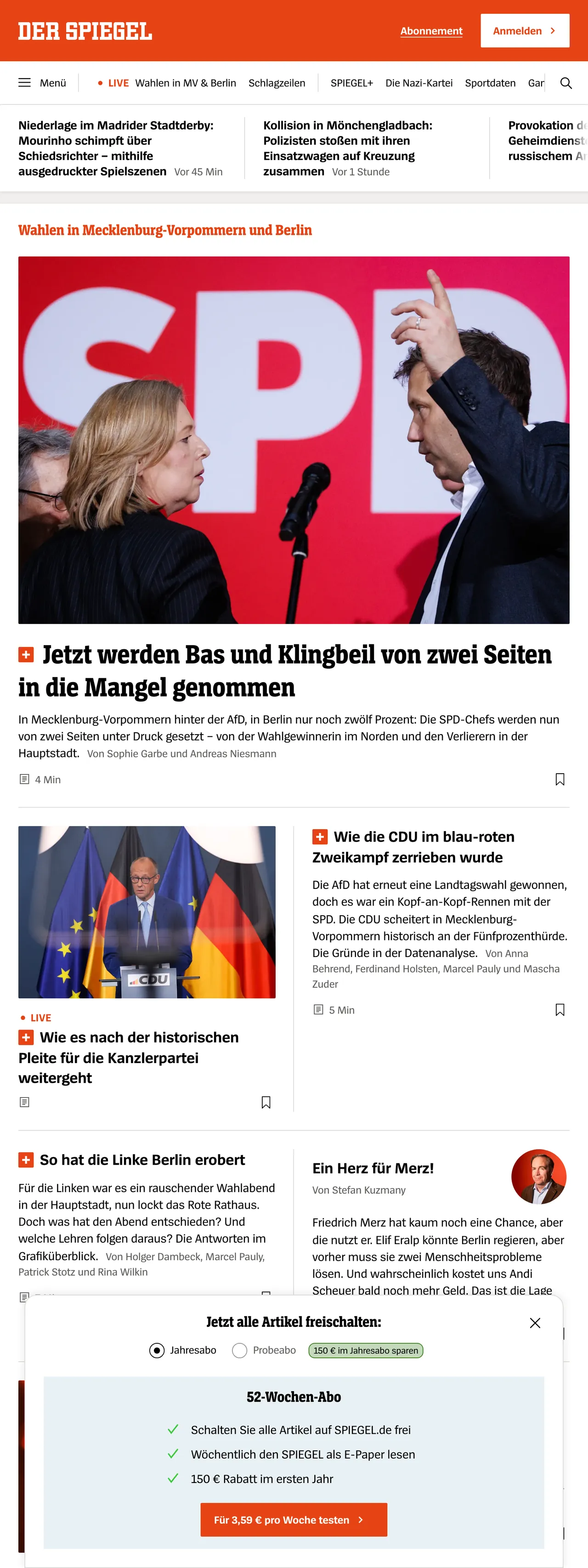 Screenshot of the DER SPIEGEL front page