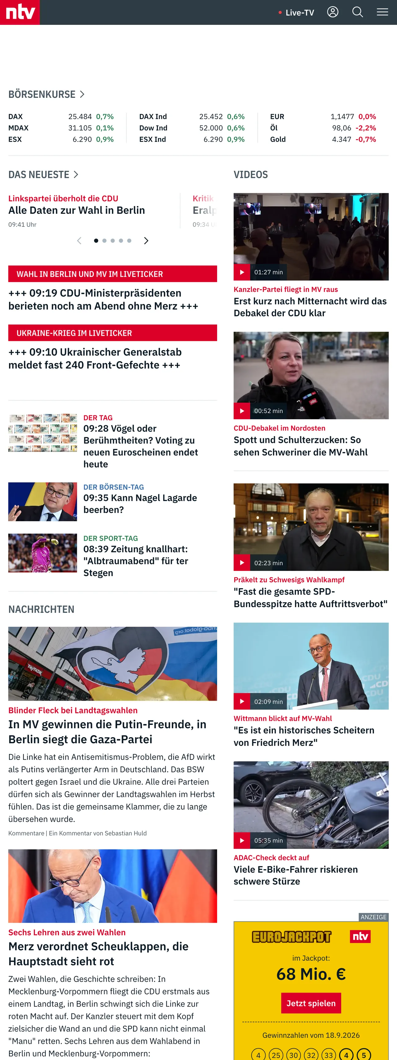 Screenshot of the n-tv front page