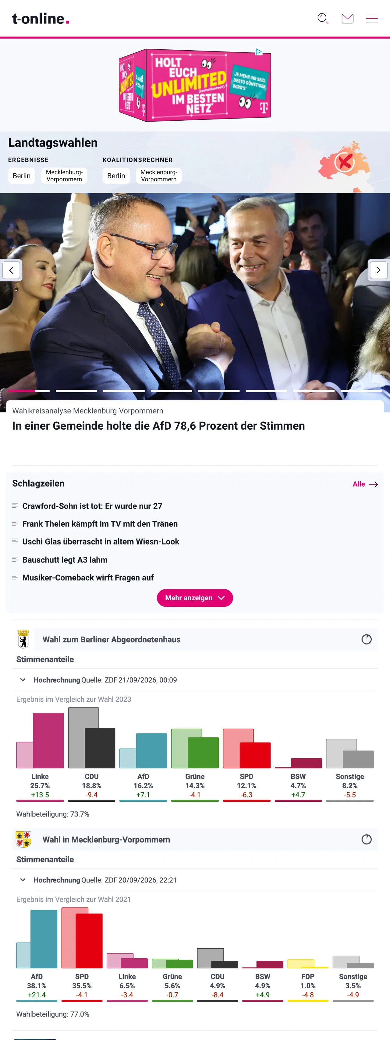Screenshot of the t-online front page