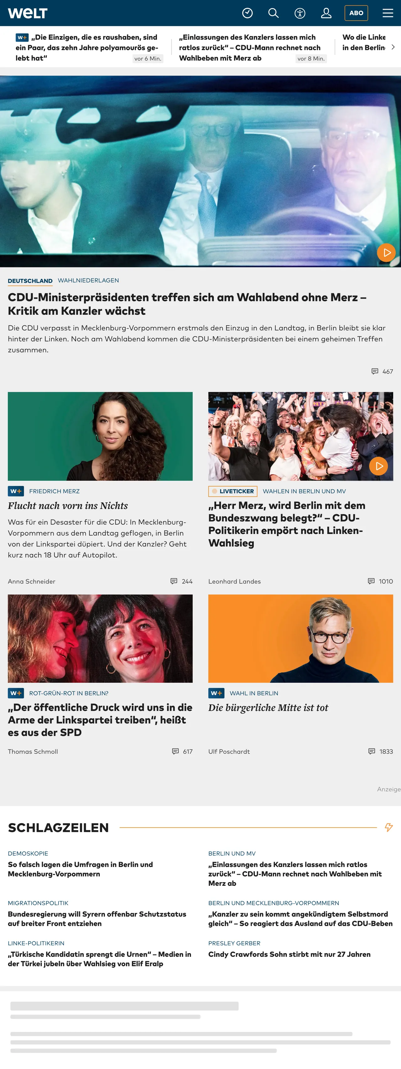 Screenshot of the WELT front page