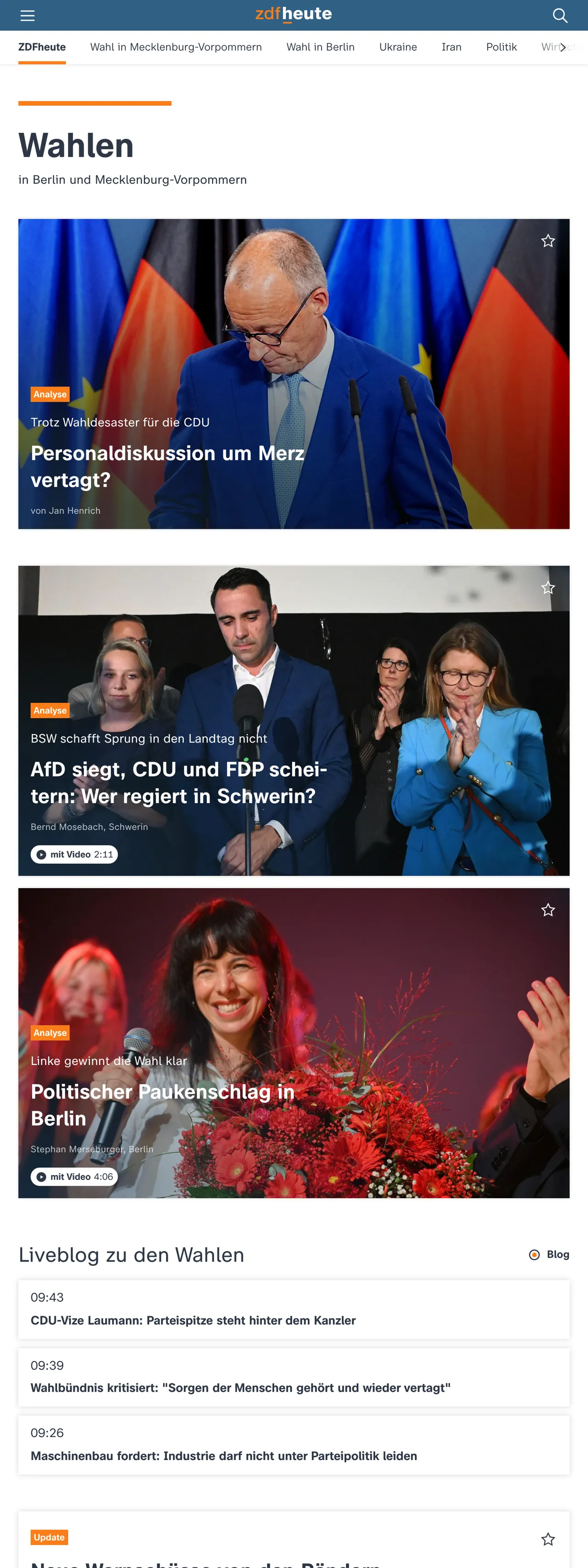 Screenshot of the ZDFheute front page