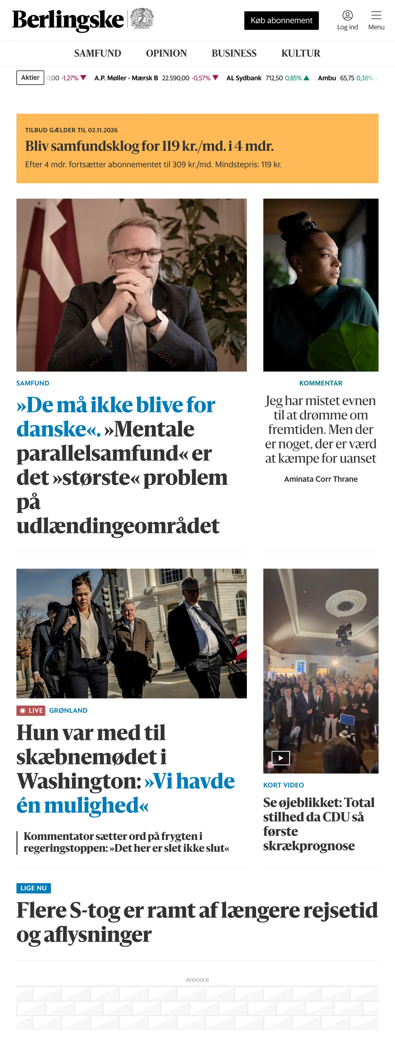 Screenshot of the Berlingske front page