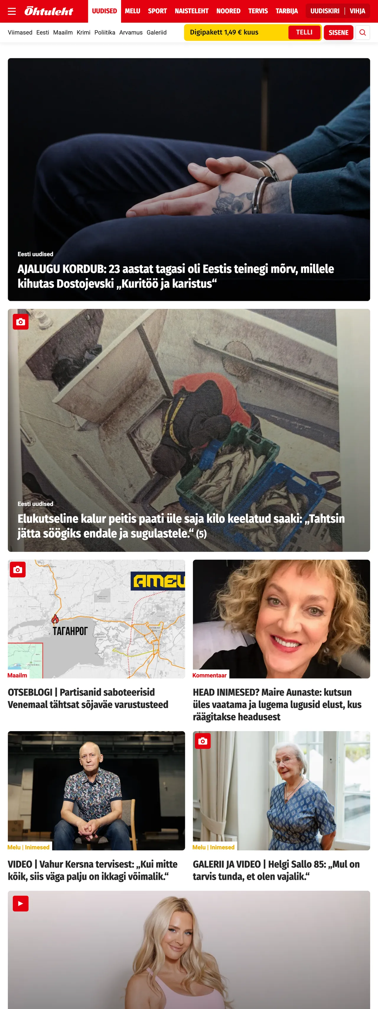 Screenshot of the Õhtuleht front page