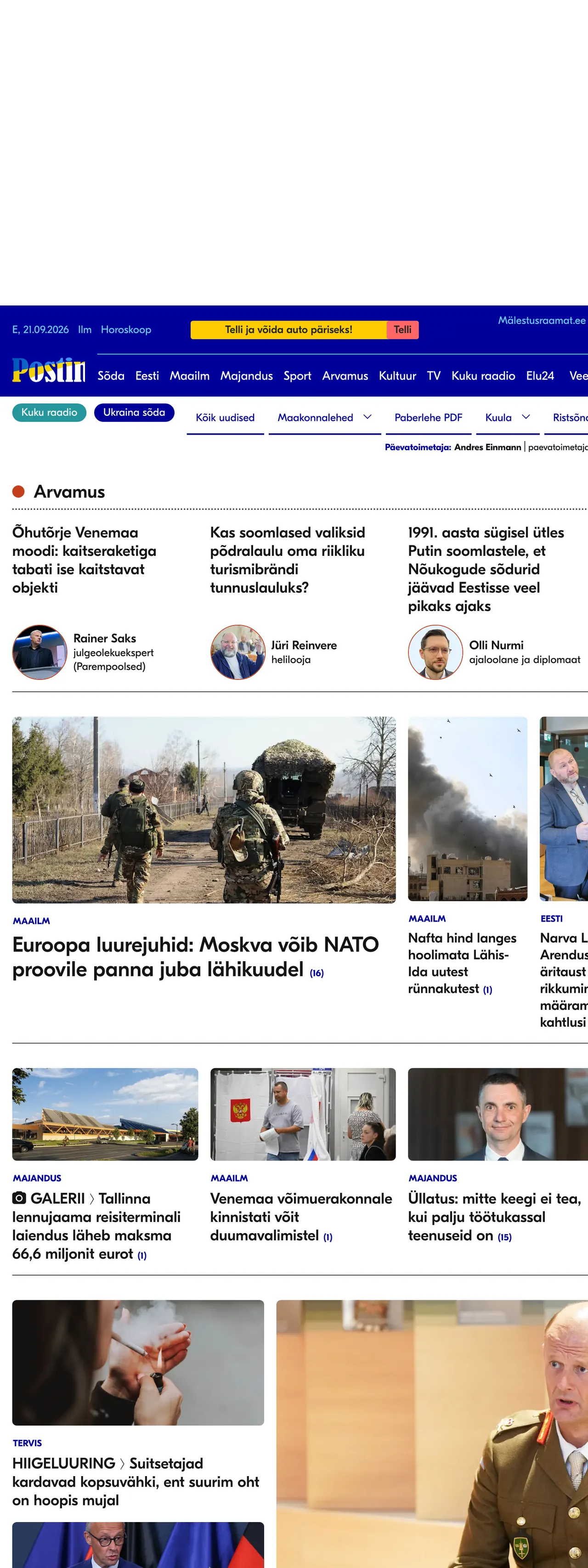 Screenshot of the Postimees front page