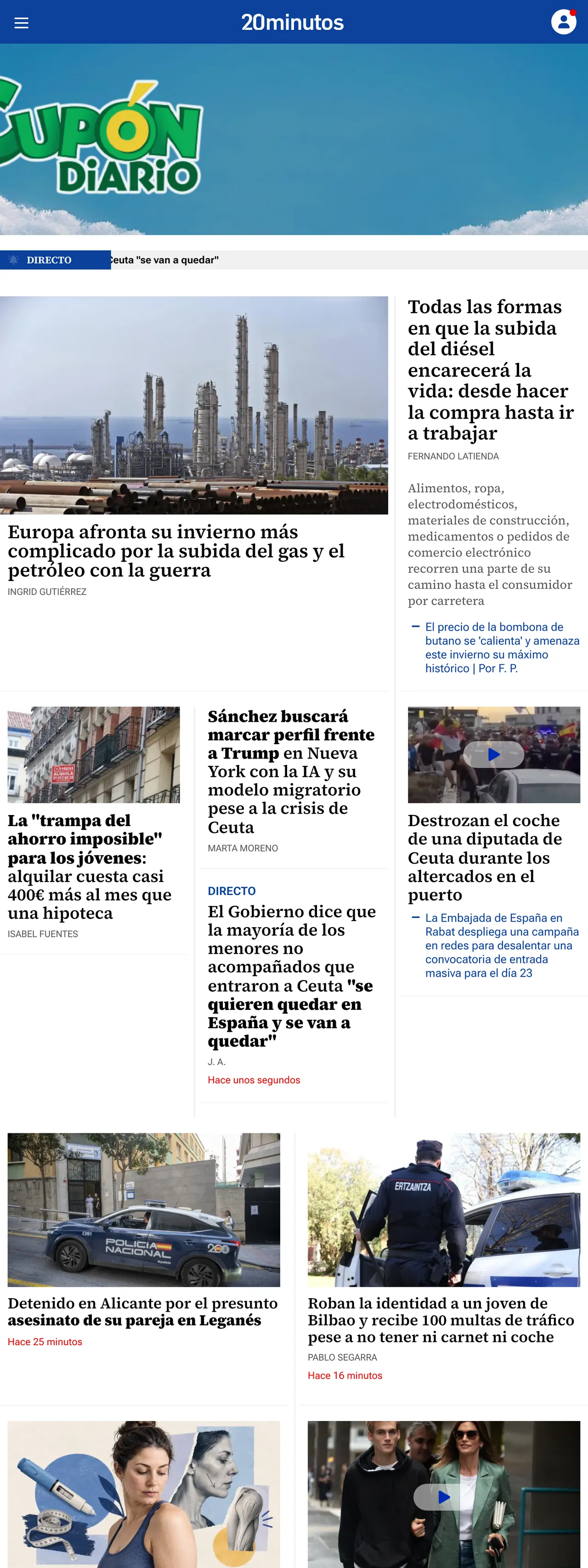 Screenshot of the 20minutos front page