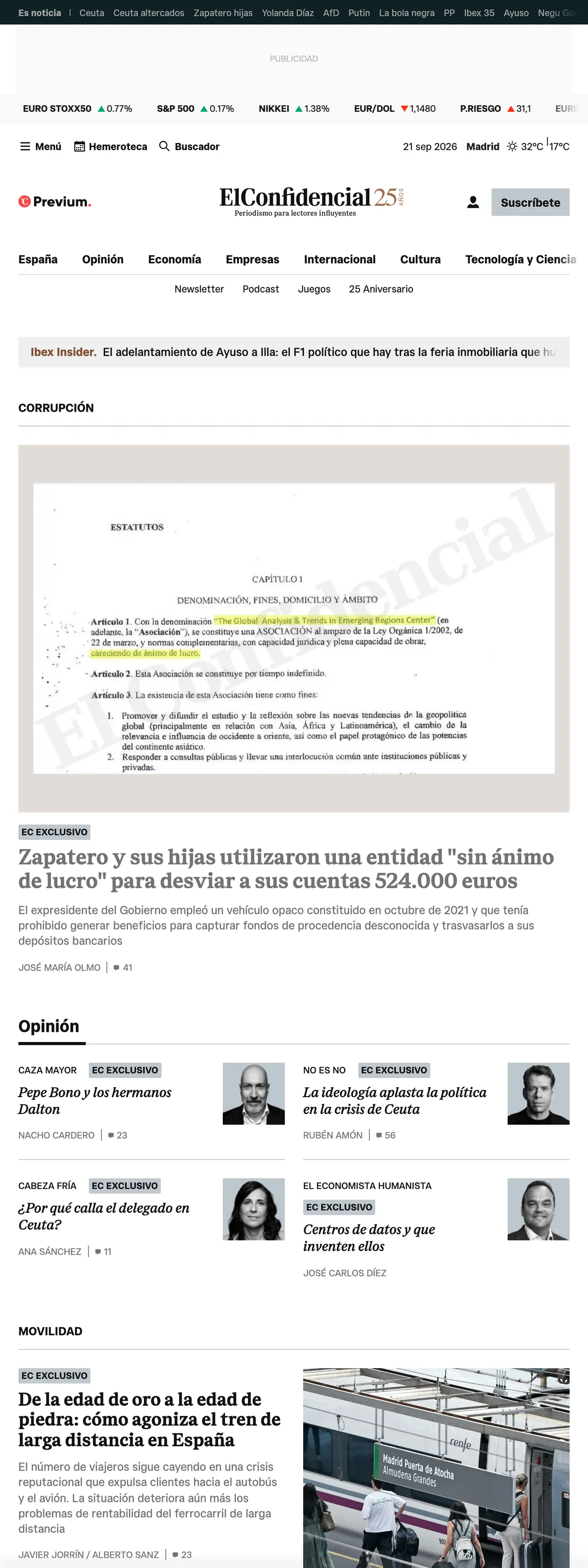 Screenshot of the El Confidencial front page