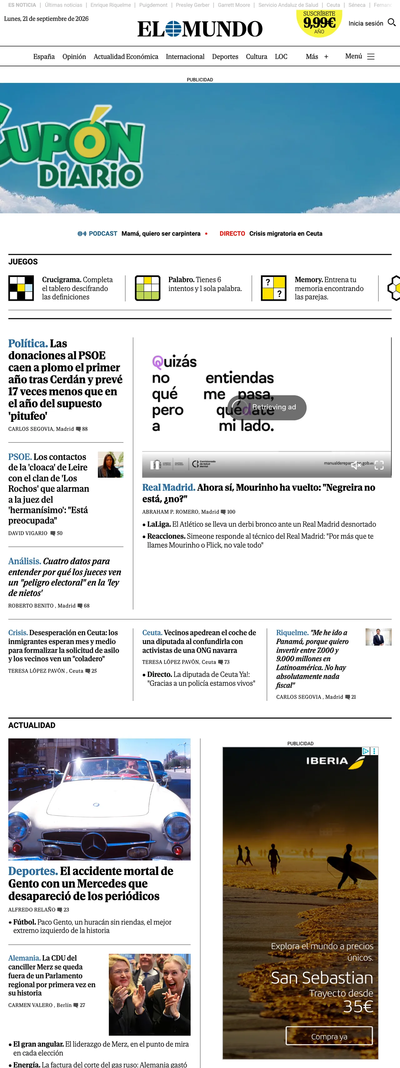 Screenshot of the El Mundo front page