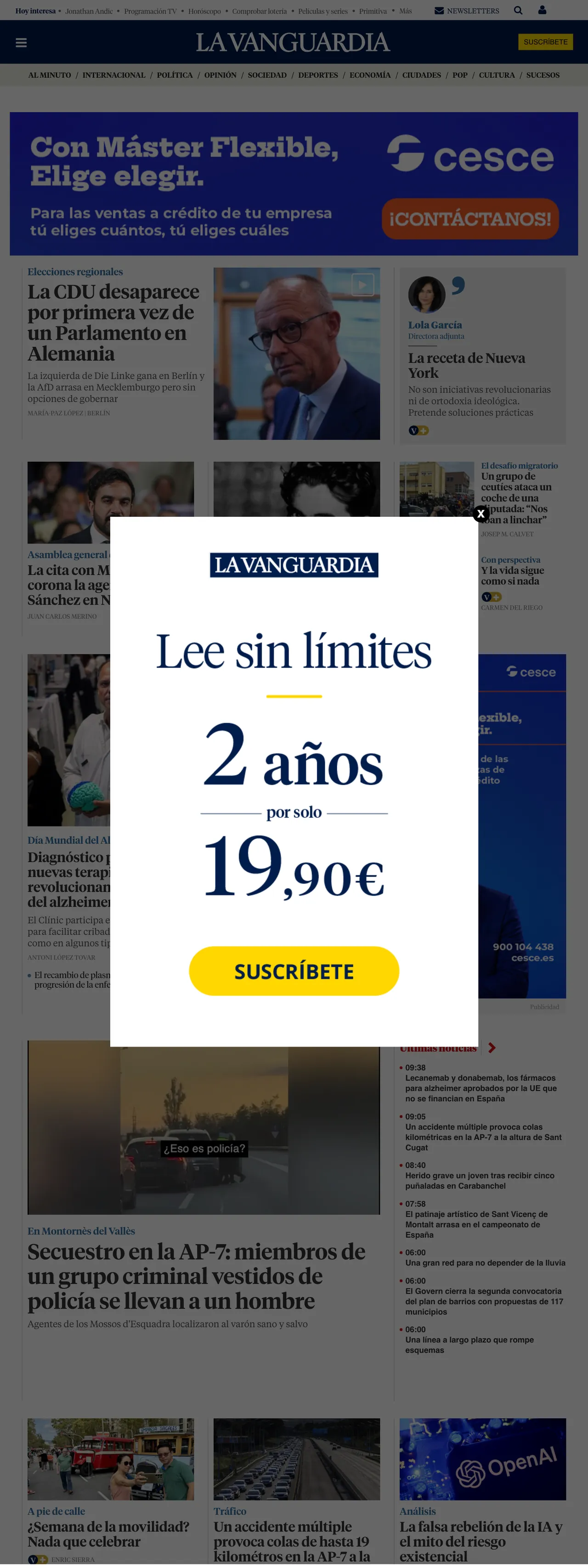 Screenshot of the La Vanguardia front page