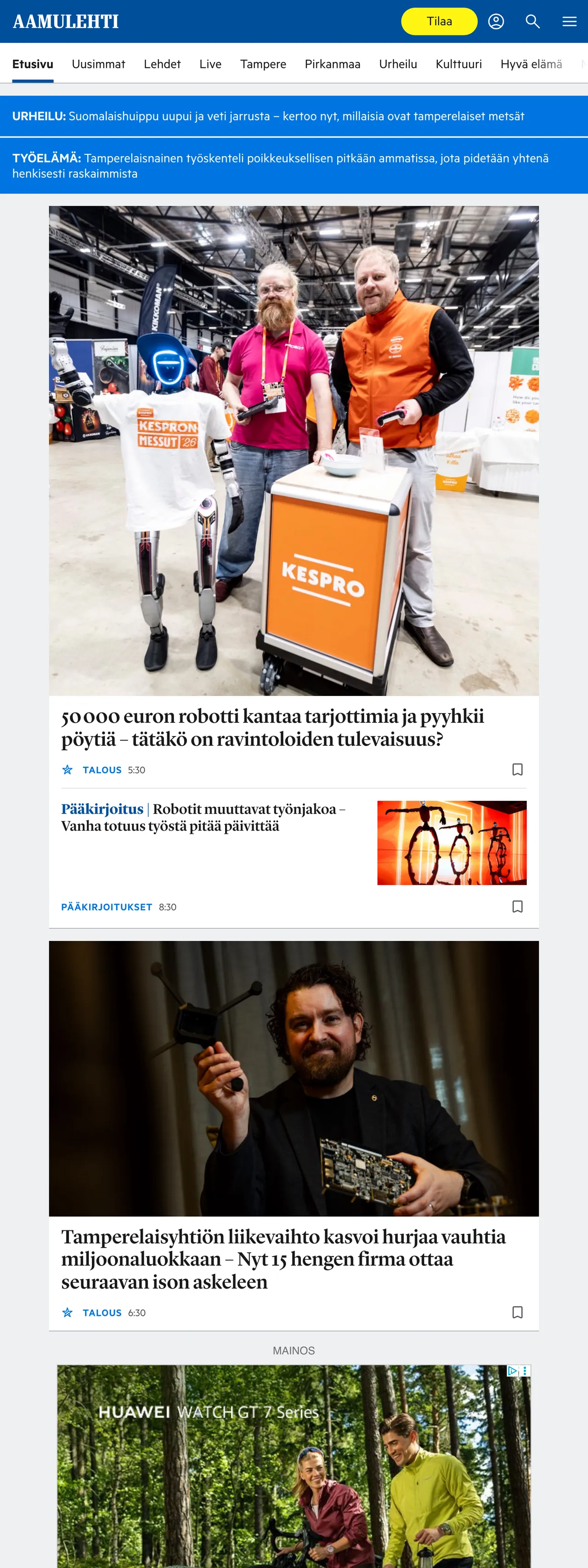 Screenshot of the Aamulehti front page